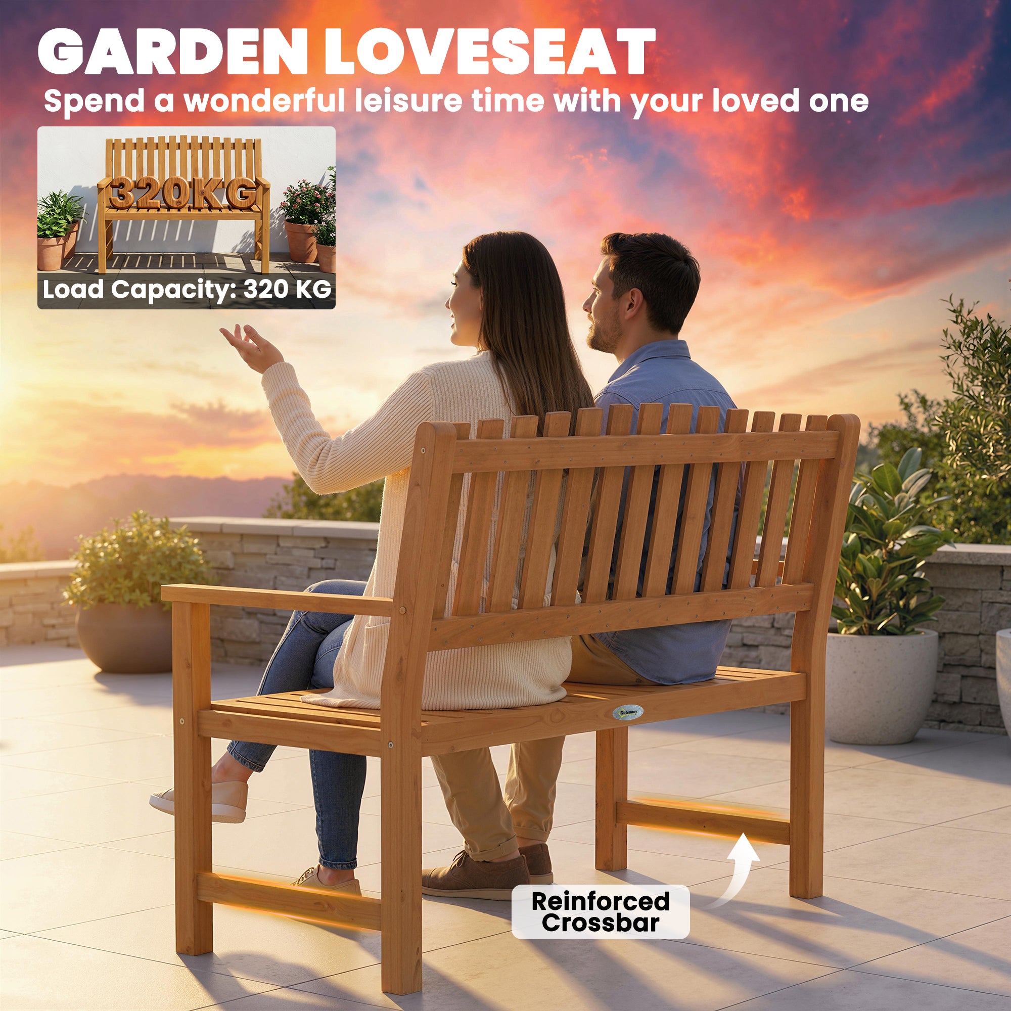 2-Seater Garden Bench | FSC Acacia Wood Slatted Seat with Armrests | Supports up to 320 kg (≈705 lb) | 112 x 64 x 92 cm (44.1 x 25.2 x 36.2 in) | Natural
