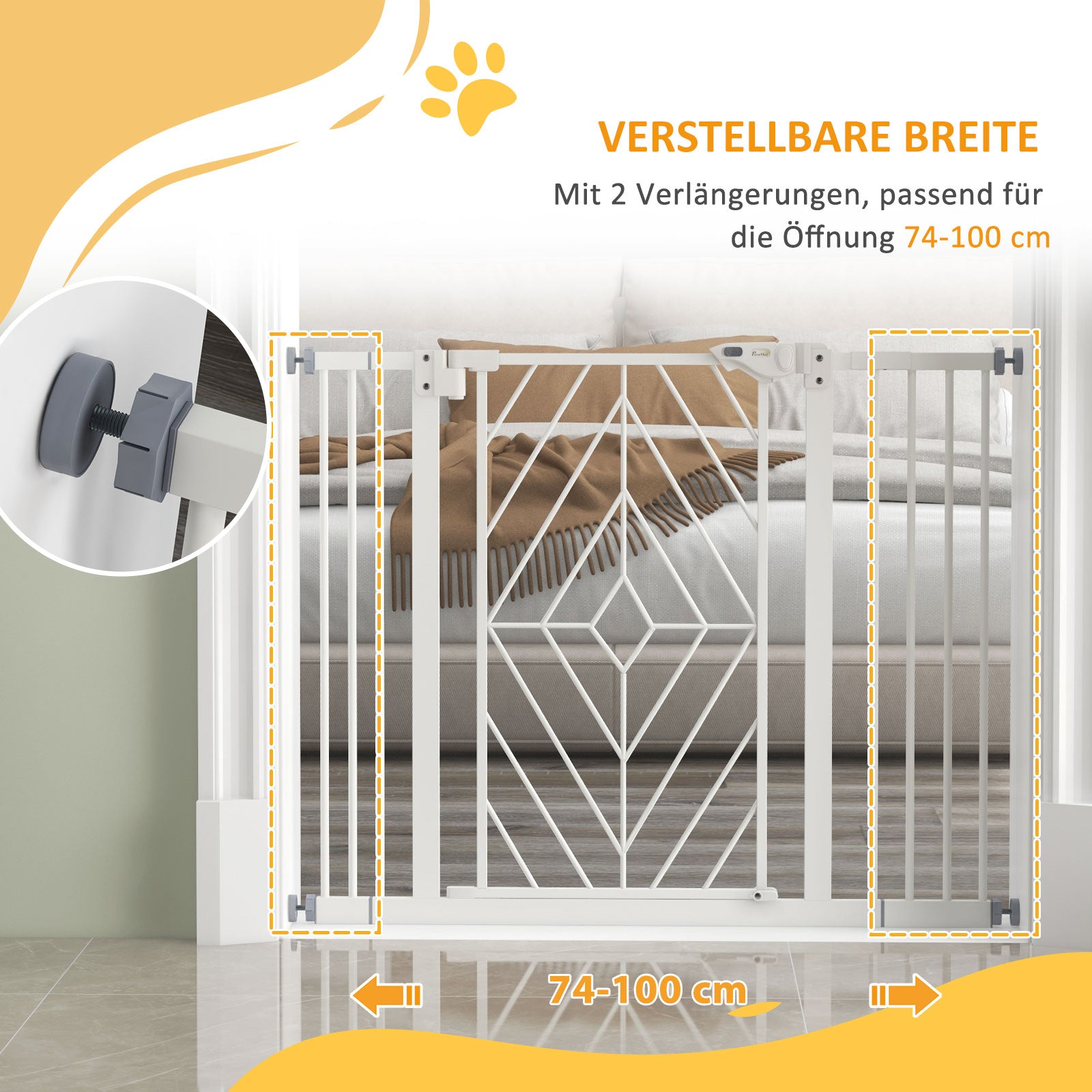 Dog Stair Gate, Dog Barrier Gate with Automatic Closing Door, 74-100 cm, Door Safety Gate, No Drilling, Dog Barrier, White