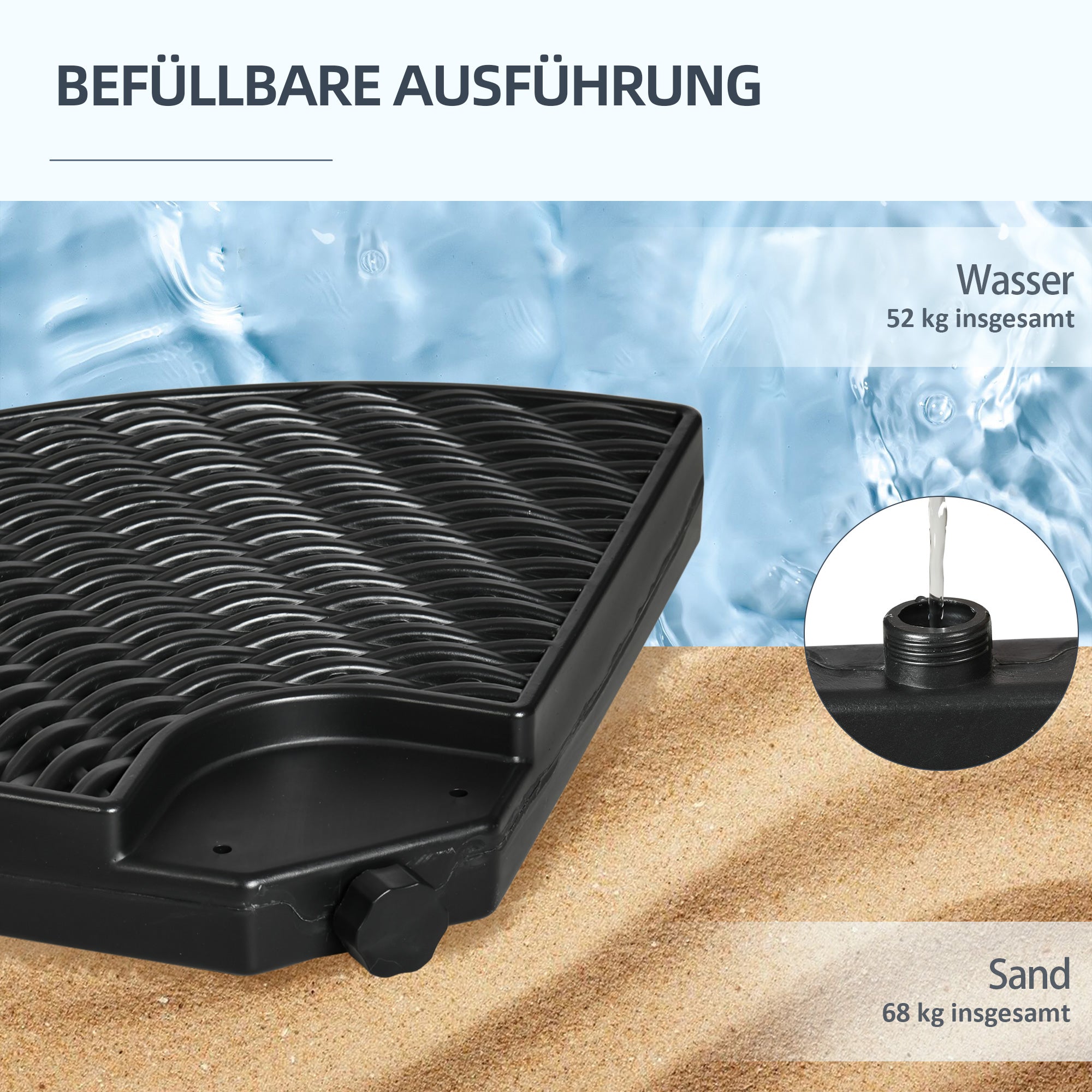 4-Piece Cantilever Umbrella Weight Base, Weatherproof, Fillable with 52kg of Water or 68kg of Sand, HDPE, Black
