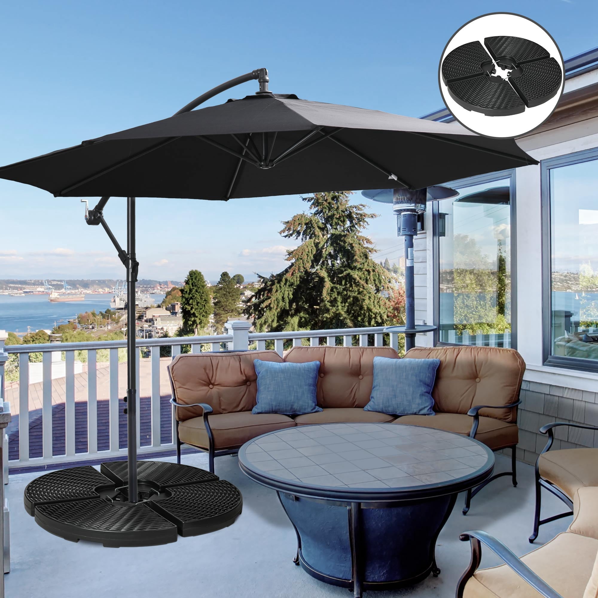 4-Piece Cantilever Umbrella Weight Base, Weatherproof, Fillable with 52kg of Water or 68kg of Sand, HDPE, Black