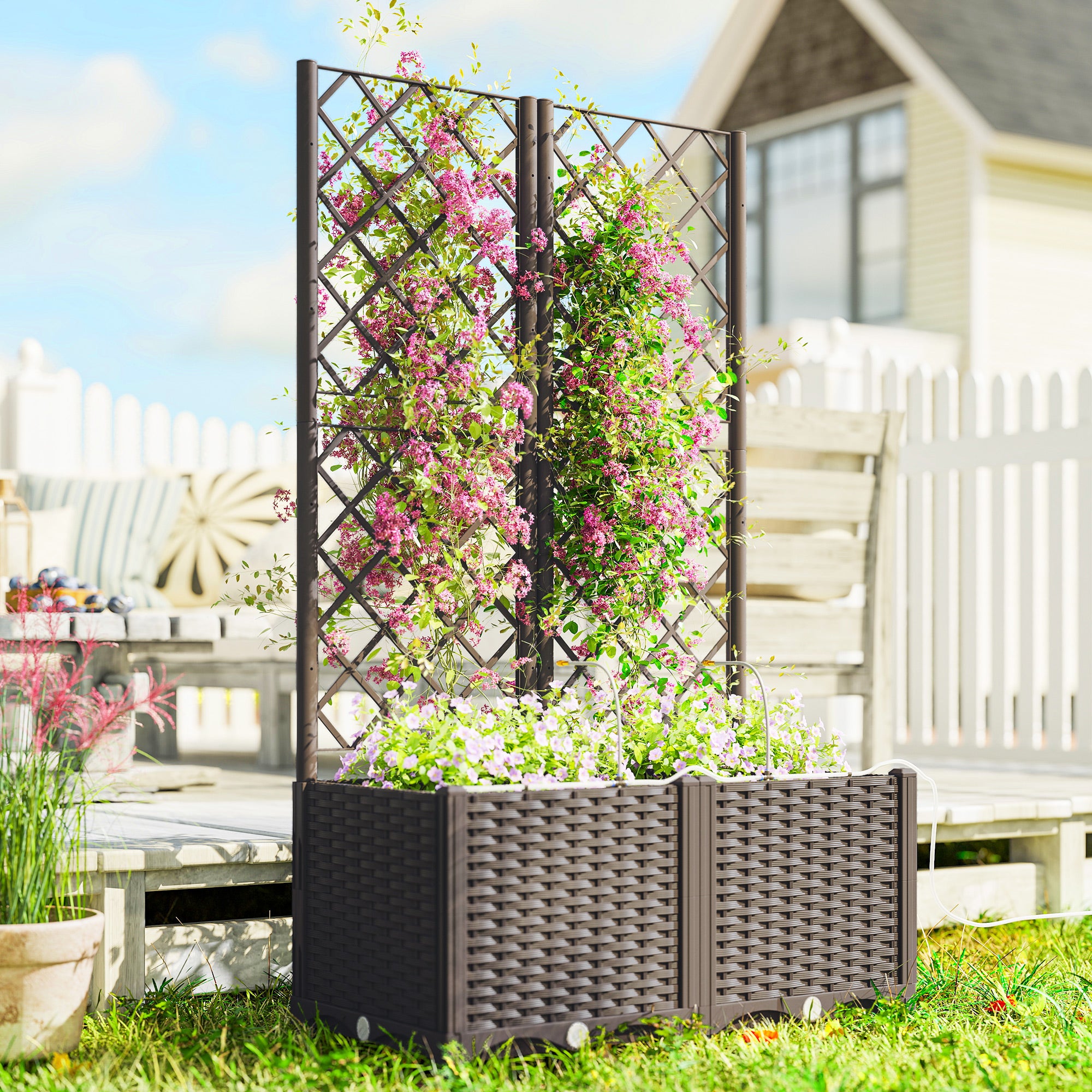 Set of 2 Trellises with Planter Box — Drainage Hole & Water Timer Irrigation System, 31.5 x 15.7 x 53.5 in Raised Planter with Trellis for Garden & Balcony, Brown