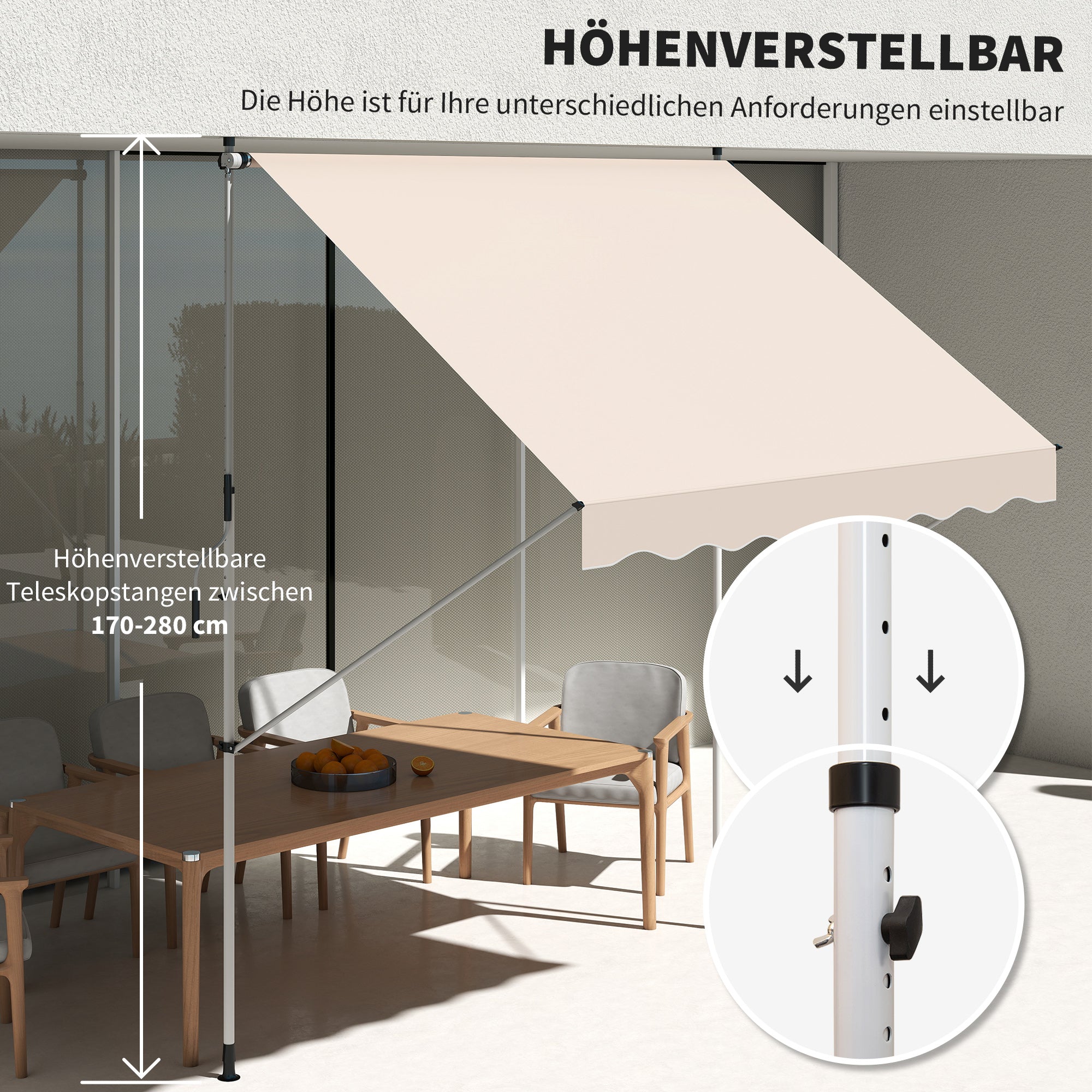 clamp awning with hand crank adjustable height retractable arm awning dirt-repellent, weather-resistant balcony awning 150cm wide patio awning for terrace balcony veranda Beige