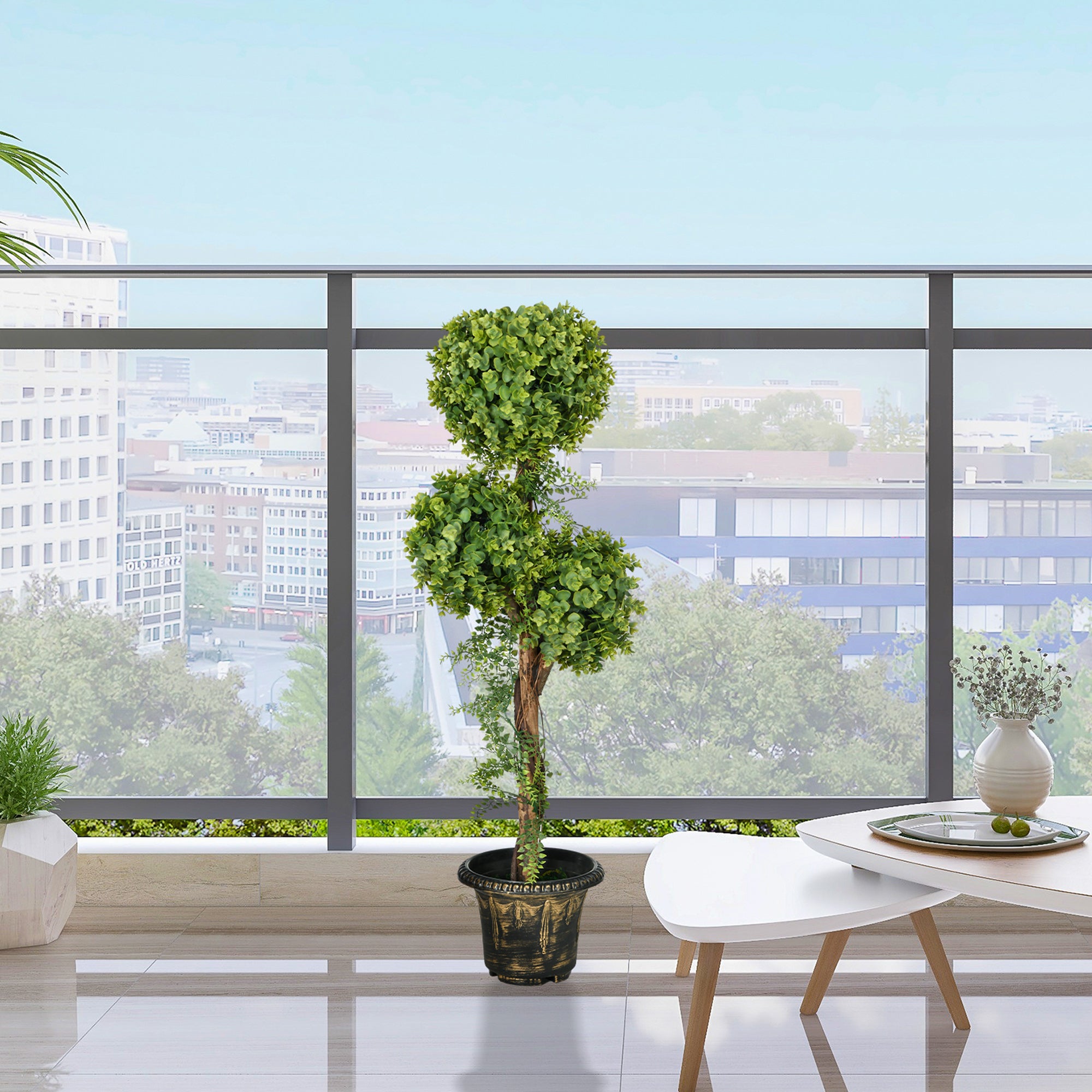 Artificial Boxwood Tree with 3 Balls and Cement Pot, Indoor and Outdoor, Height 115 cm