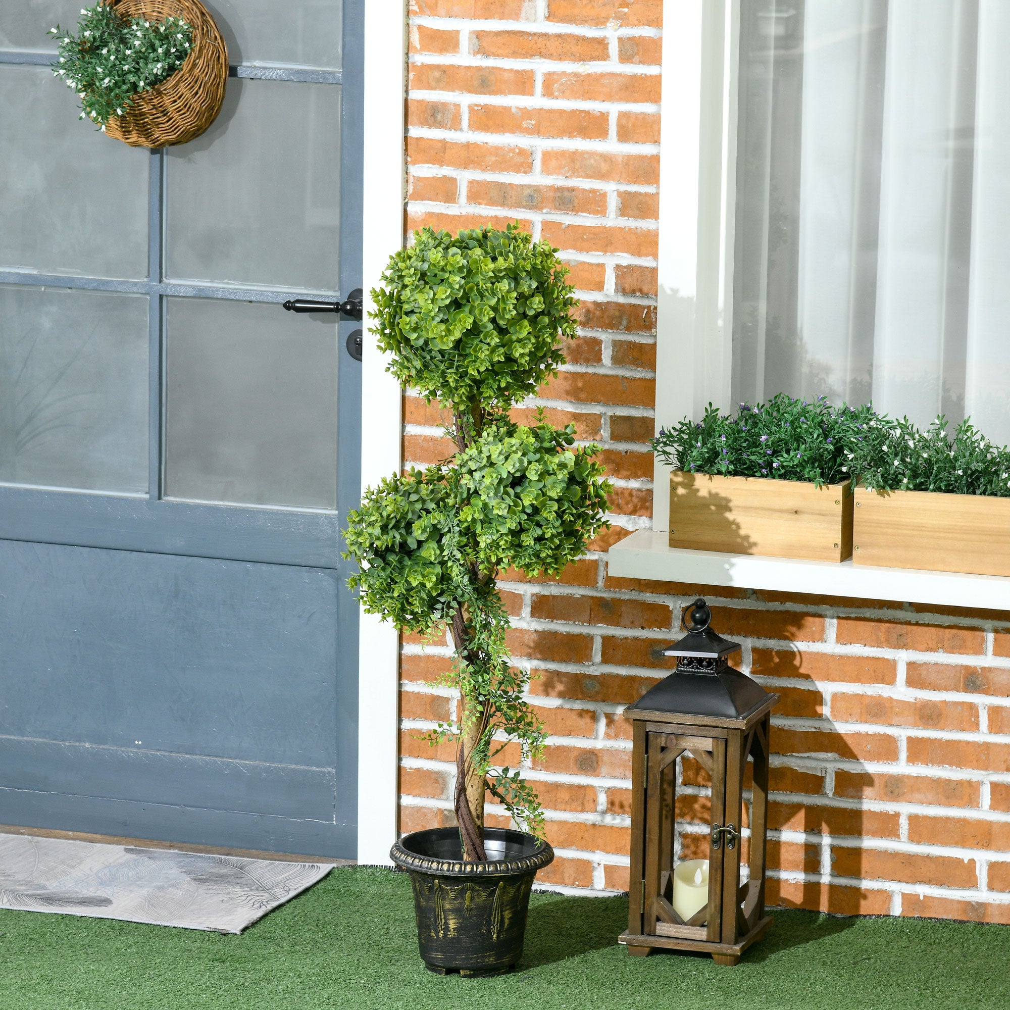 Artificial Boxwood Tree with 3 Balls and Cement Pot, Indoor and Outdoor, Height 115 cm