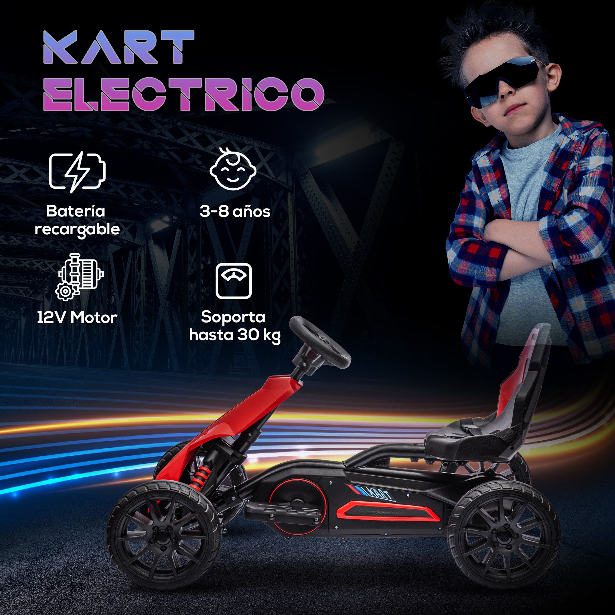 Go-Kart Electric Car for Kids 3-8 Years Old Kart with 12V Battery Adjustable Speed 3-5km/h and Safety Belt Load 30 kg for Outdoor Use 100x58x58.5 cm Red