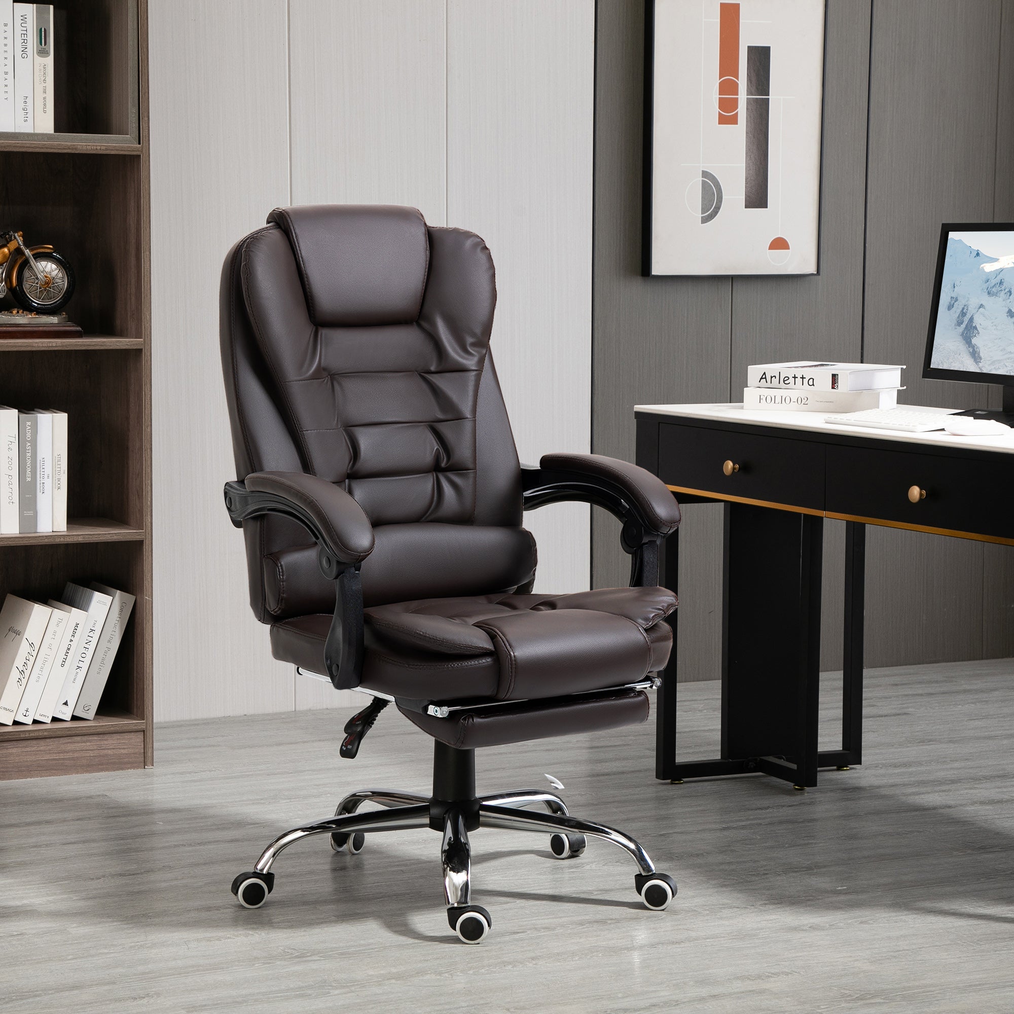 High Back Executive Office Chair Pu Leather Reclining Home Office Chair with Footrest Brown