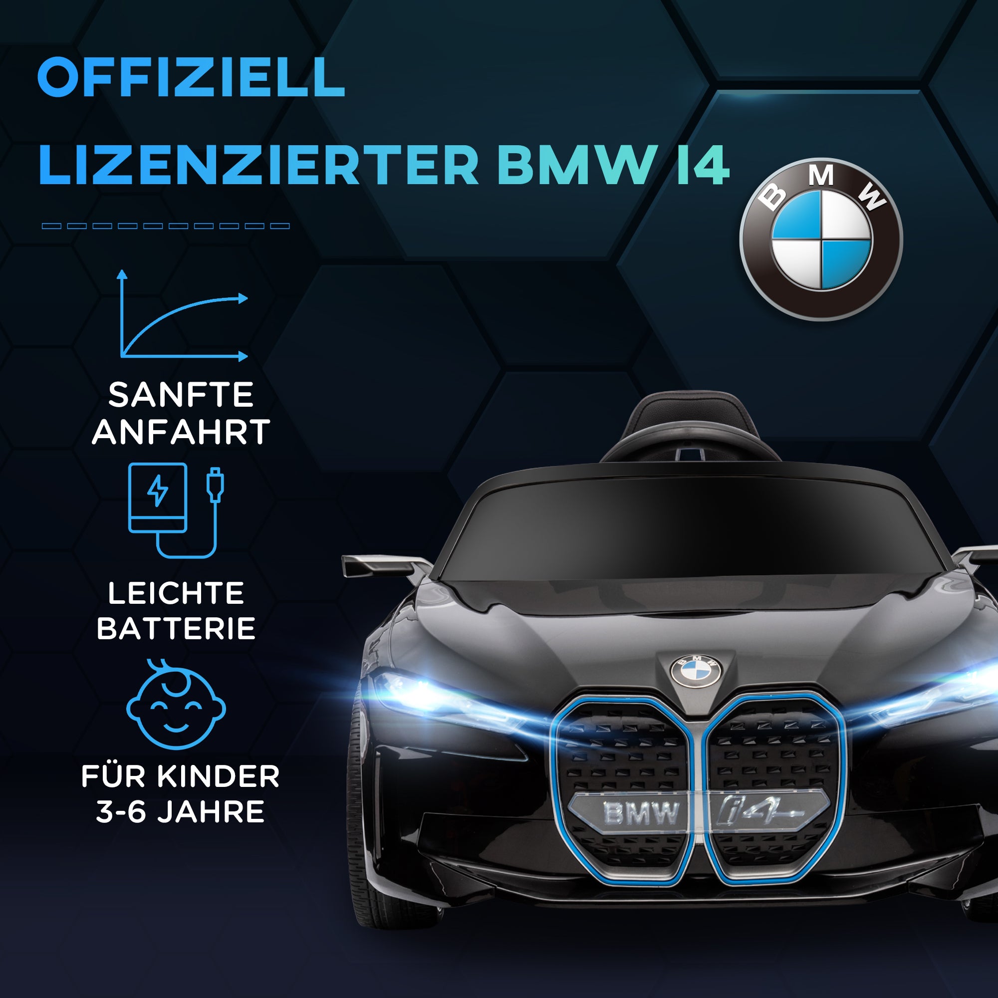 Kids Electric Car Ride On Toy with Remote Control, Portable Battery, BMW Kids Car with Headlights, MP3 Player, Safety Belt, 3-5 km/h, for Kids 3-5 Years, Black