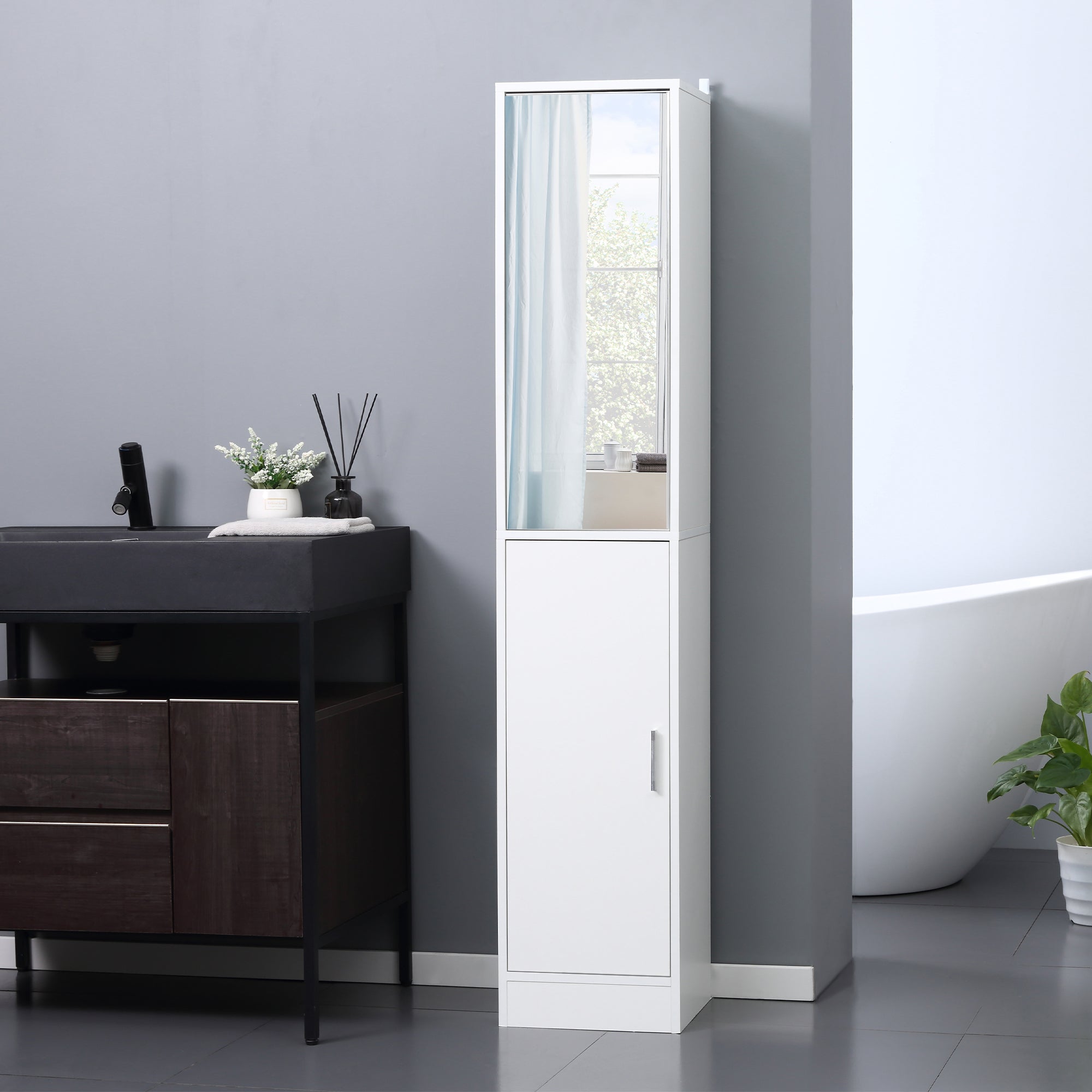 High Bathroom Cabinet Column Bathroom Furniture with Mirror 2 Doors and Adjustable Interior Shelves Multi-purpose for Kitchen Living Room 32x28x162 cm White