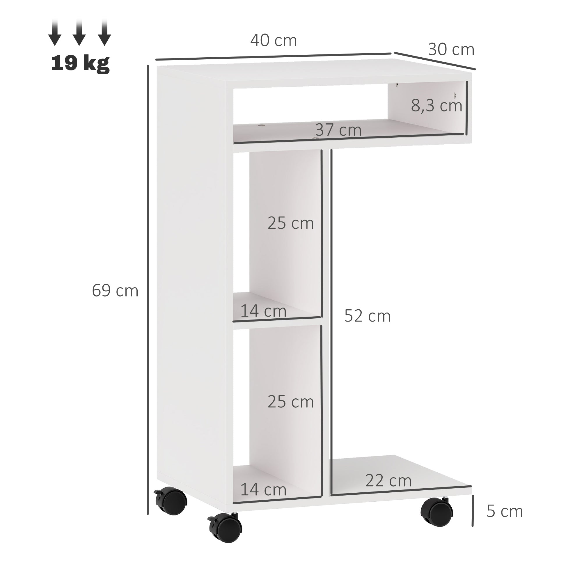 Side Table C-Shape Nightstand with 4 Shelves, Casters, Coffee Table, Living Room Table Laptop Table for Living Room Bedroom 40 x 30 x 69 cm White