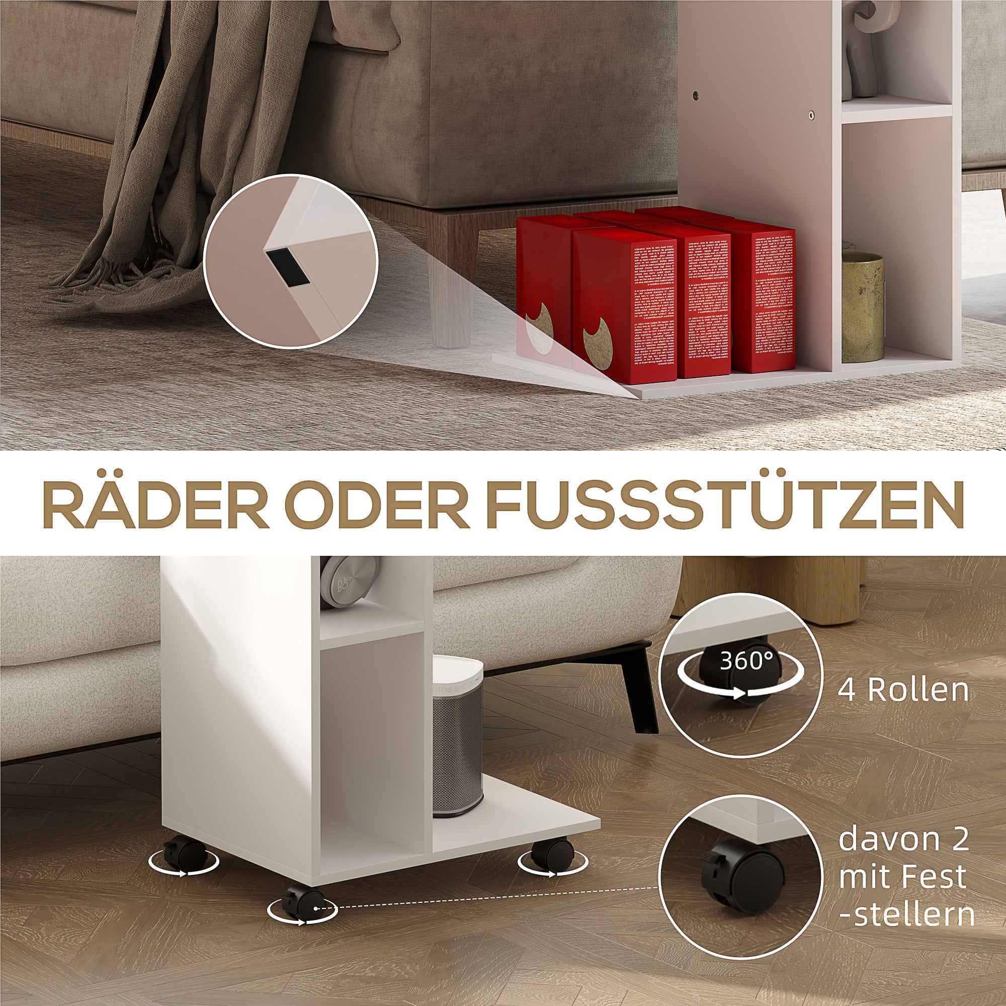 Side Table C-Shape Nightstand with 4 Shelves, Casters, Coffee Table, Living Room Table Laptop Table for Living Room Bedroom 40 x 30 x 69 cm White