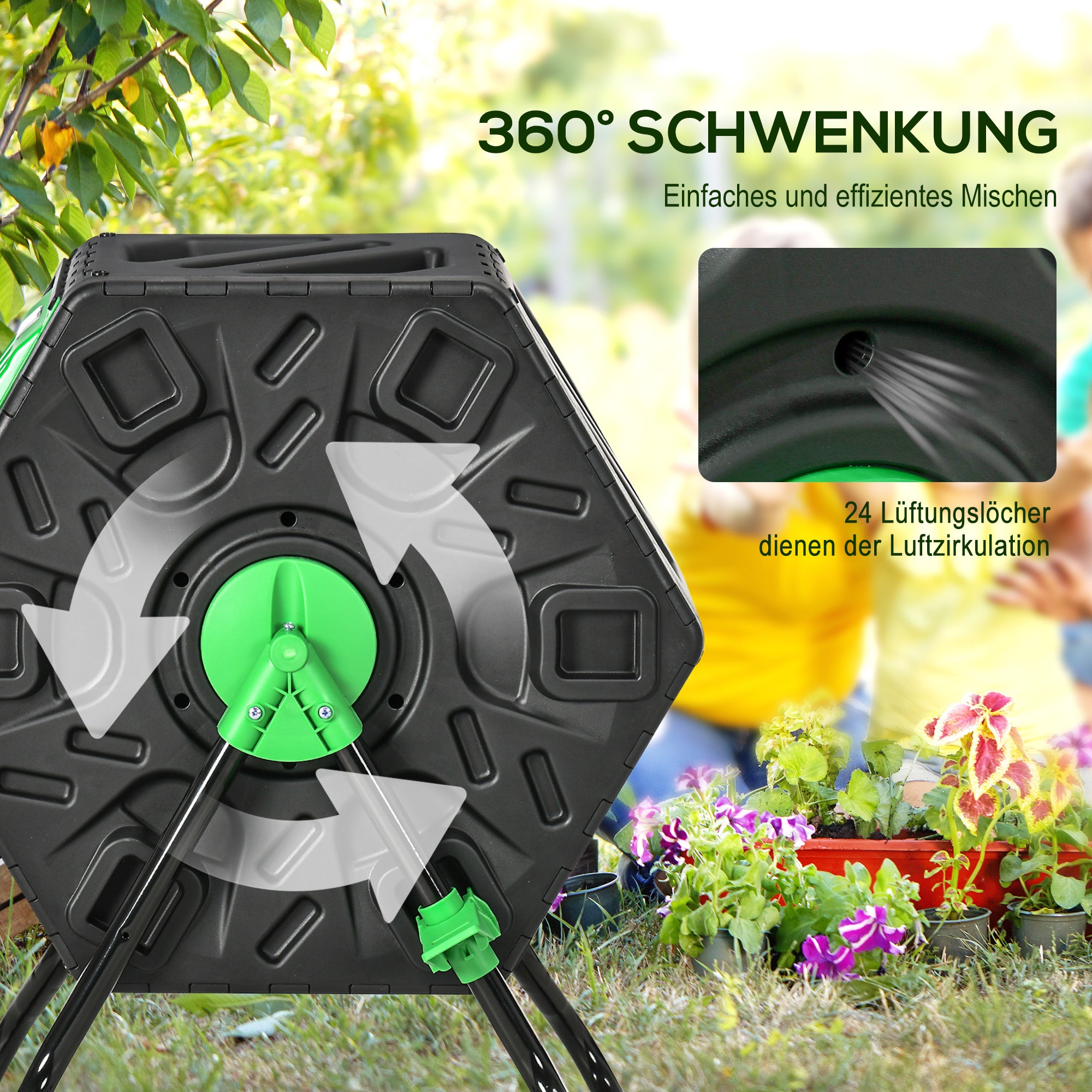 Composter 65 Liters, 60x49x77cm Rotatable Quick Composter Made of Plastic, Weatherproof Thermocomposter with Ventilation System, Lid, Garden Composter, Compost Container for Garden, Kitchen, Balcony