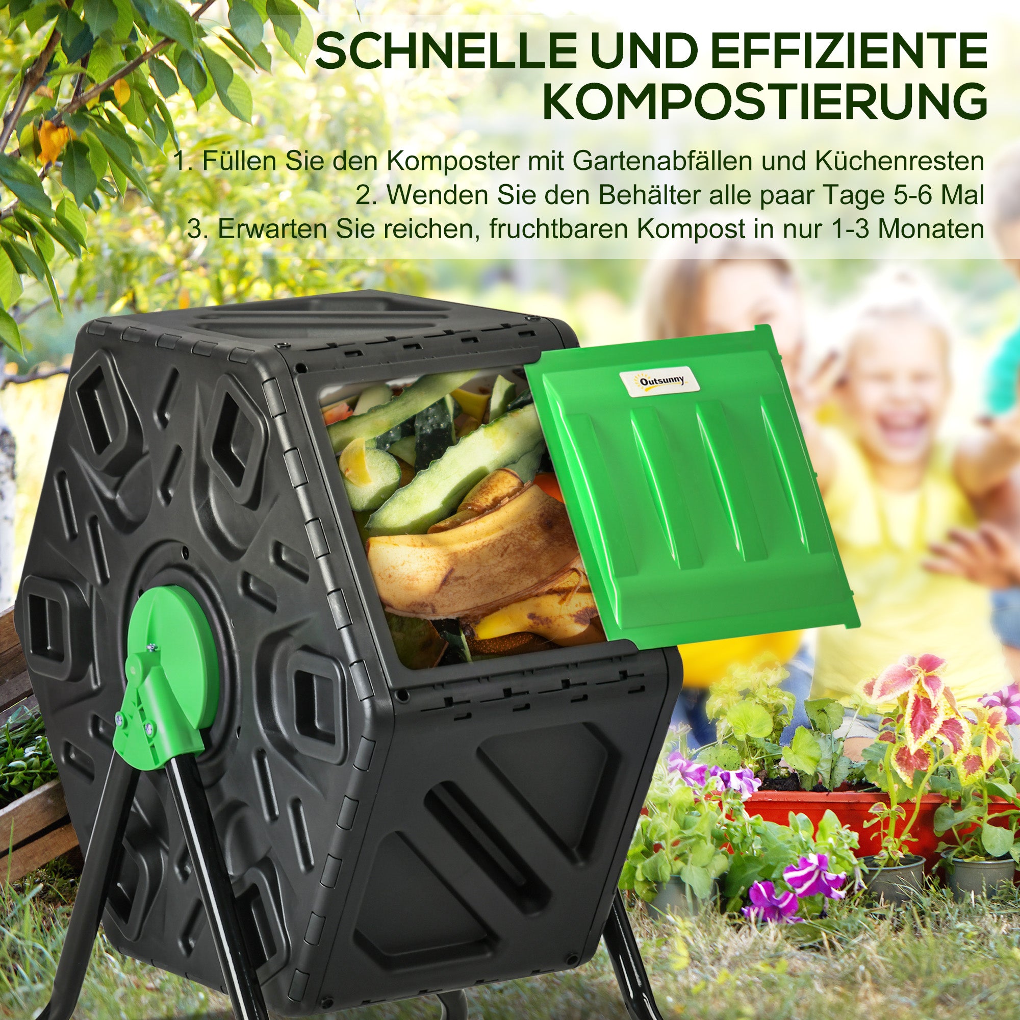 Composter 65 Liters, 60x49x77cm Rotatable Quick Composter Made of Plastic, Weatherproof Thermocomposter with Ventilation System, Lid, Garden Composter, Compost Container for Garden, Kitchen, Balcony