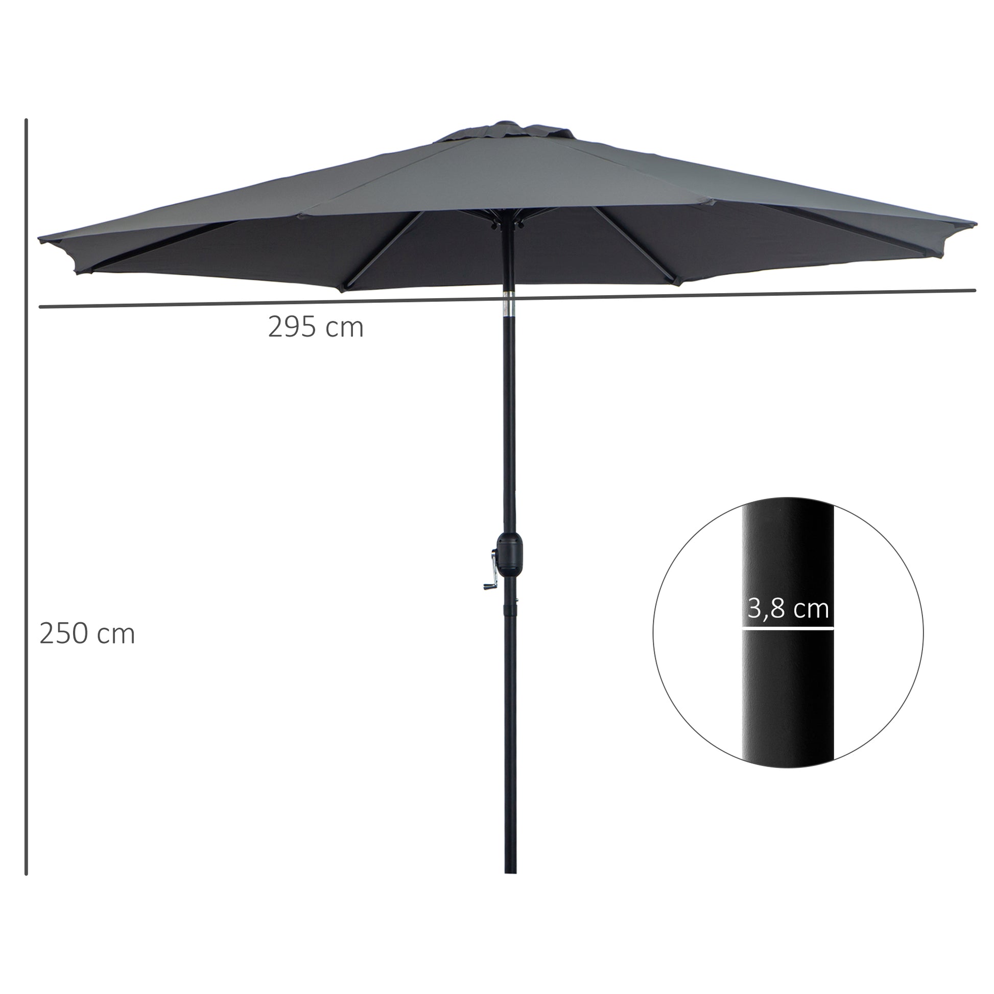 Garden Umbrella Ø295x250 cm with Crank Outdoor Parasol with Tilt Mechanism and Detachable Metal Pole for Terrace Pool Patio Dark Gray