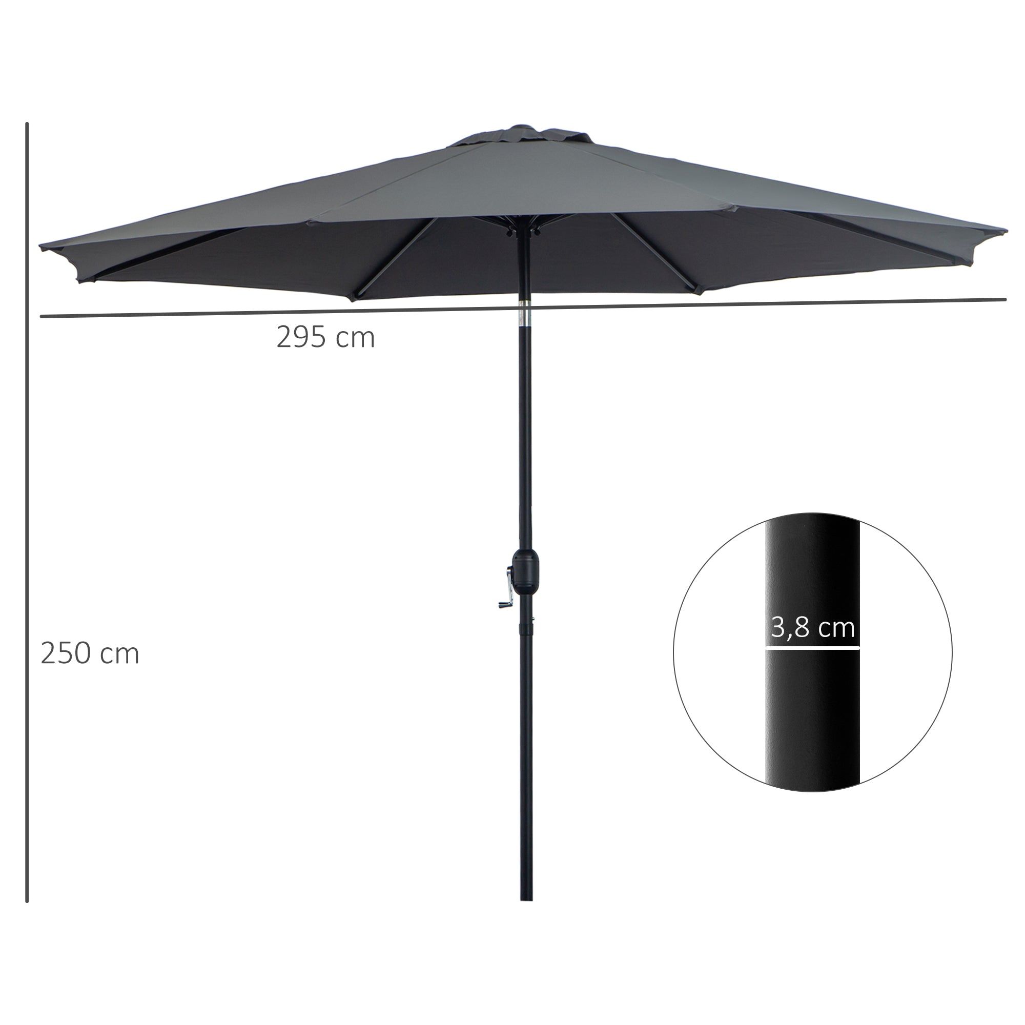 Garden Umbrella Ø295x250 cm with Crank Outdoor Parasol with Tilt Mechanism and Detachable Metal Pole for Terrace Pool Patio Dark Gray