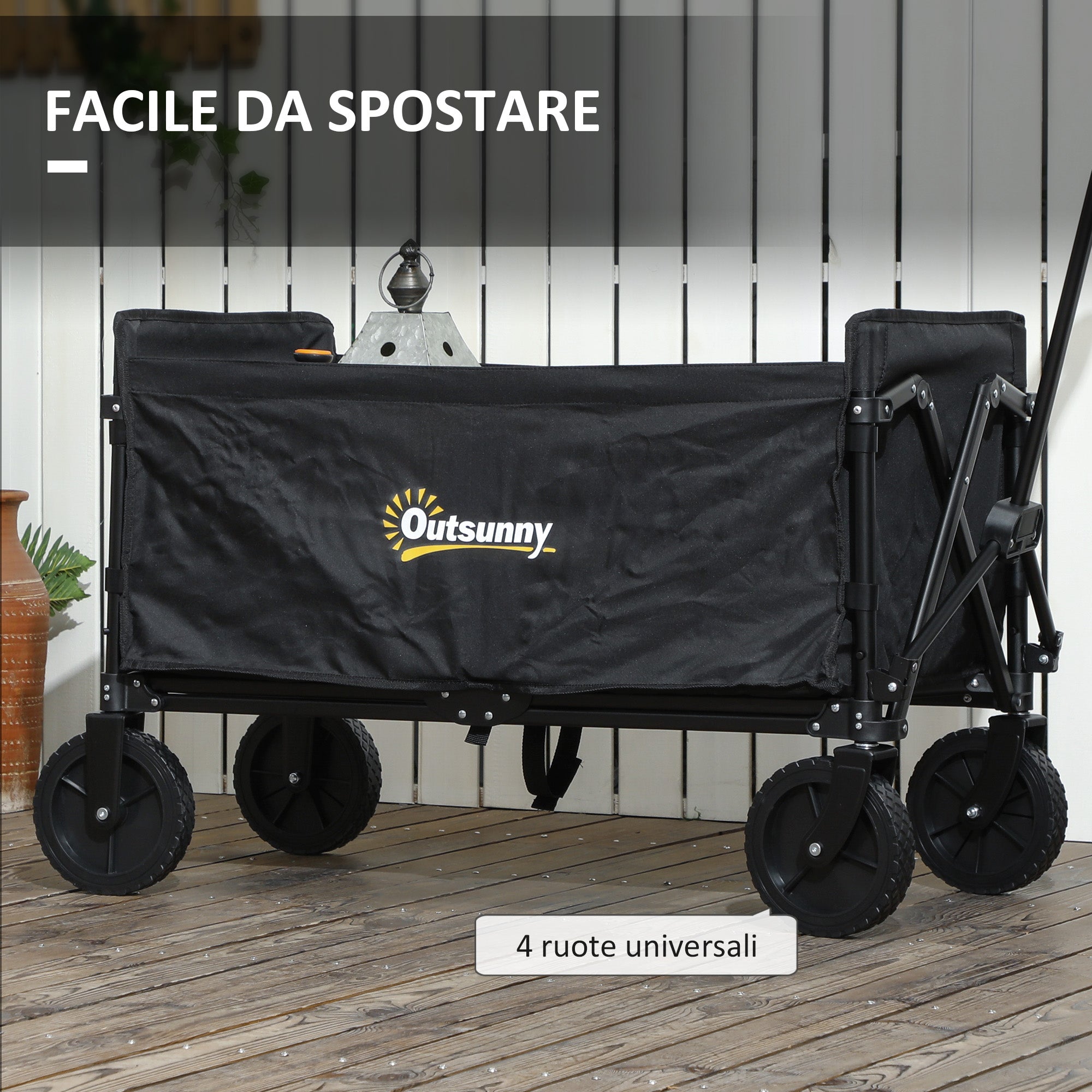 120L Garden Cart with 4 Swivel Wheels, Folding Beach Cart in Steel and Oxford Fabric with Storage Bag and Adjustable Swivel Handle, 90x48x62 cm, Black