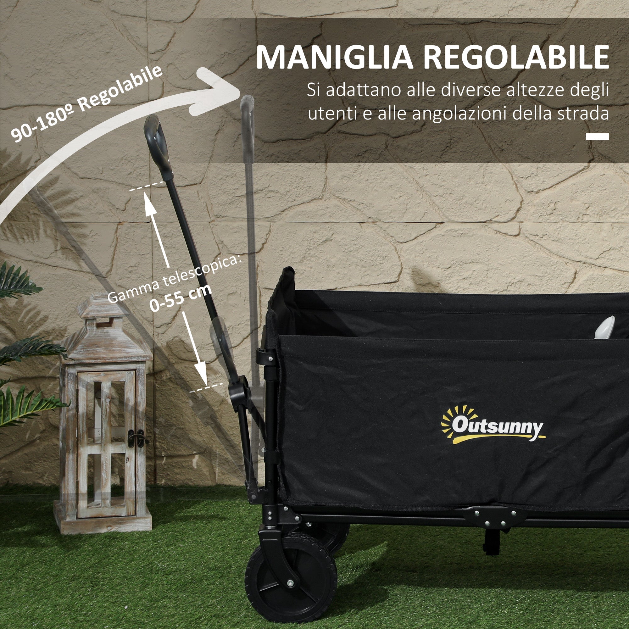 120L Garden Cart with 4 Swivel Wheels, Folding Beach Cart in Steel and Oxford Fabric with Storage Bag and Adjustable Swivel Handle, 90x48x62 cm, Black