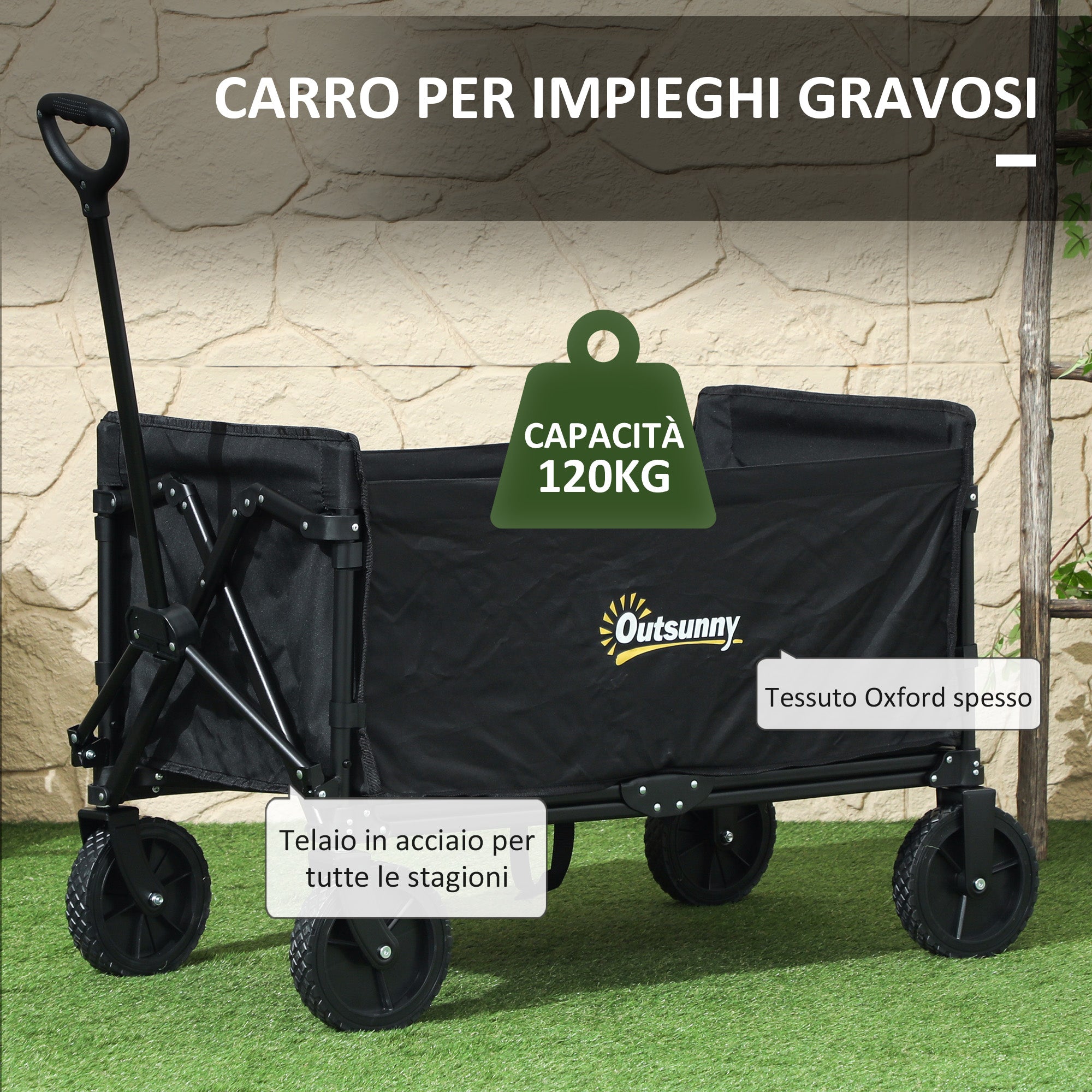 120L Garden Cart with 4 Swivel Wheels, Folding Beach Cart in Steel and Oxford Fabric with Storage Bag and Adjustable Swivel Handle, 90x48x62 cm, Black