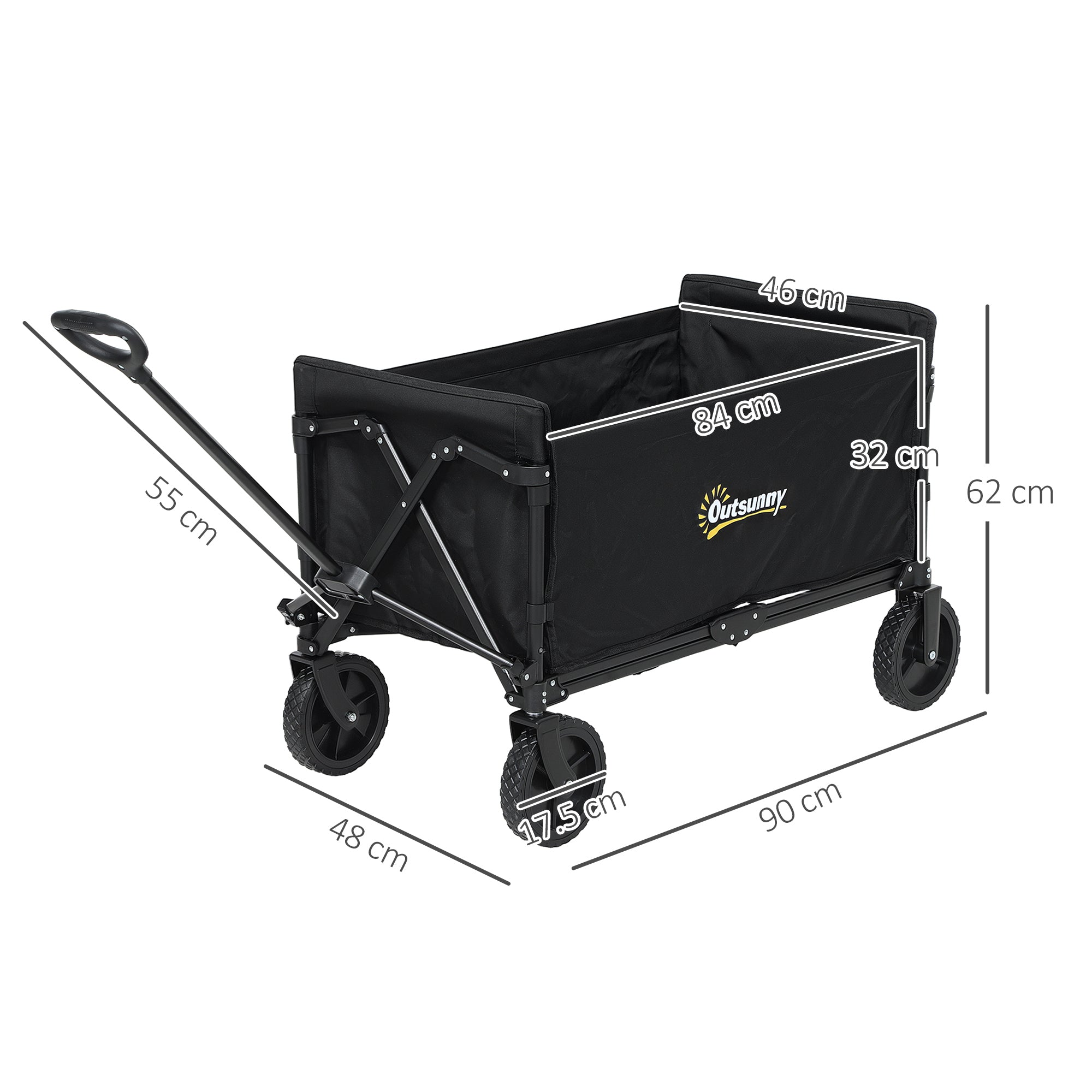 120L Garden Cart with 4 Swivel Wheels, Folding Beach Cart in Steel and Oxford Fabric with Storage Bag and Adjustable Swivel Handle, 90x48x62 cm, Black