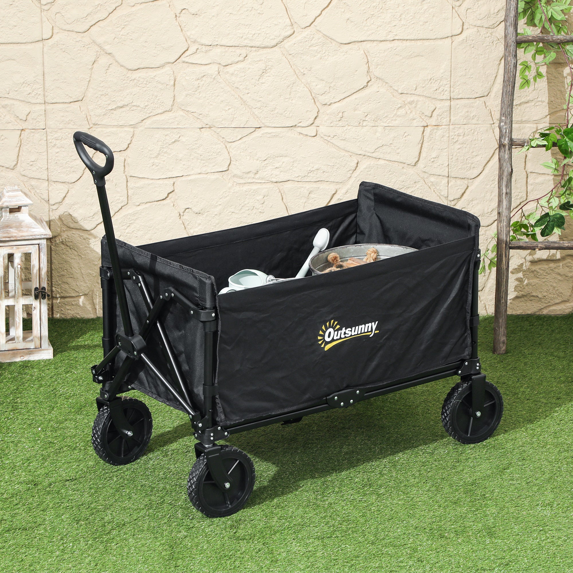 120L Garden Cart with 4 Swivel Wheels, Folding Beach Cart in Steel and Oxford Fabric with Storage Bag and Adjustable Swivel Handle, 90x48x62 cm, Black