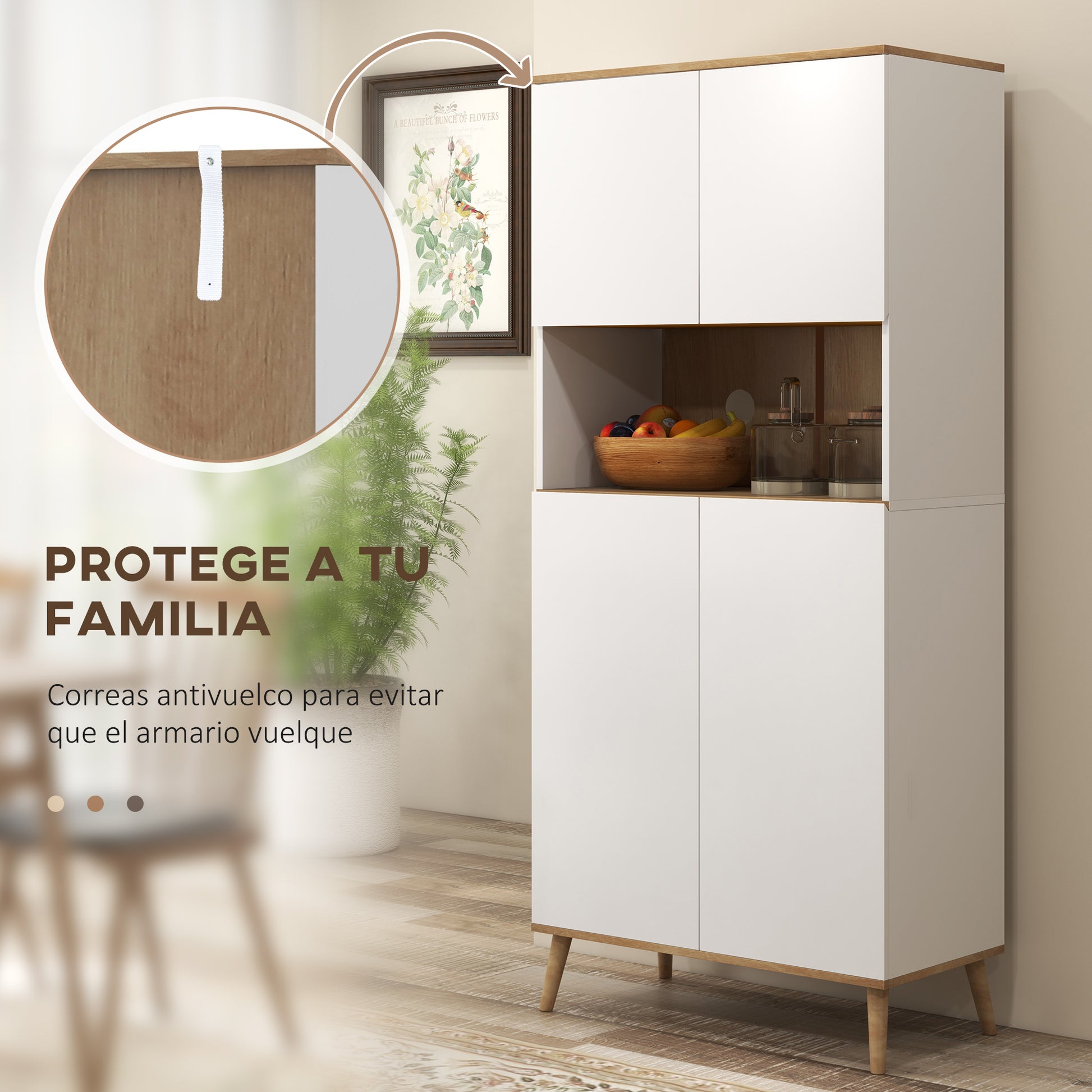 Kitchen Pantry Cabinet Kitchen Utility Cabinet with 4 Doors Microwave Stand Adjustable Shelves Cable Hole and Wooden Legs Modern Style White 80x40x178 cm