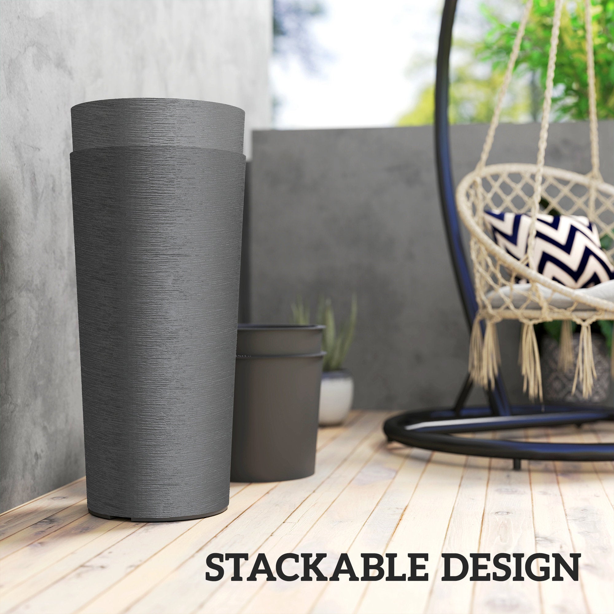 Set of 2 Stackable 23.6 in Tall Planters – Plastic Flower Pots with Inner Liner & Drainage, Dark Gray