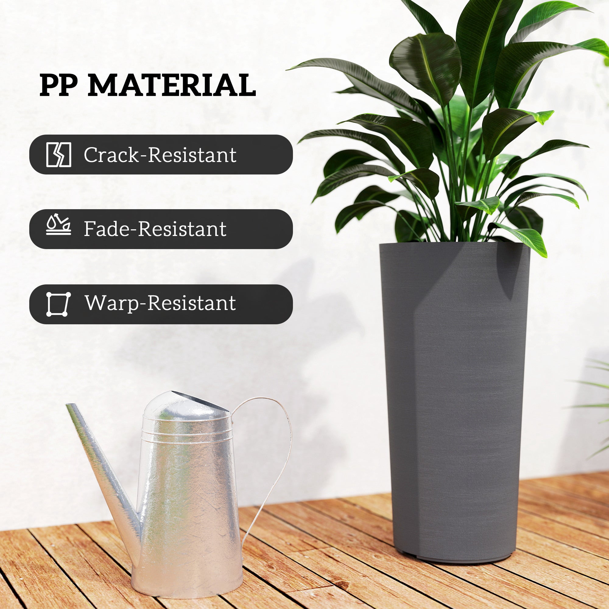 Set of 2 Stackable 23.6 in Tall Planters – Plastic Flower Pots with Inner Liner & Drainage, Dark Gray