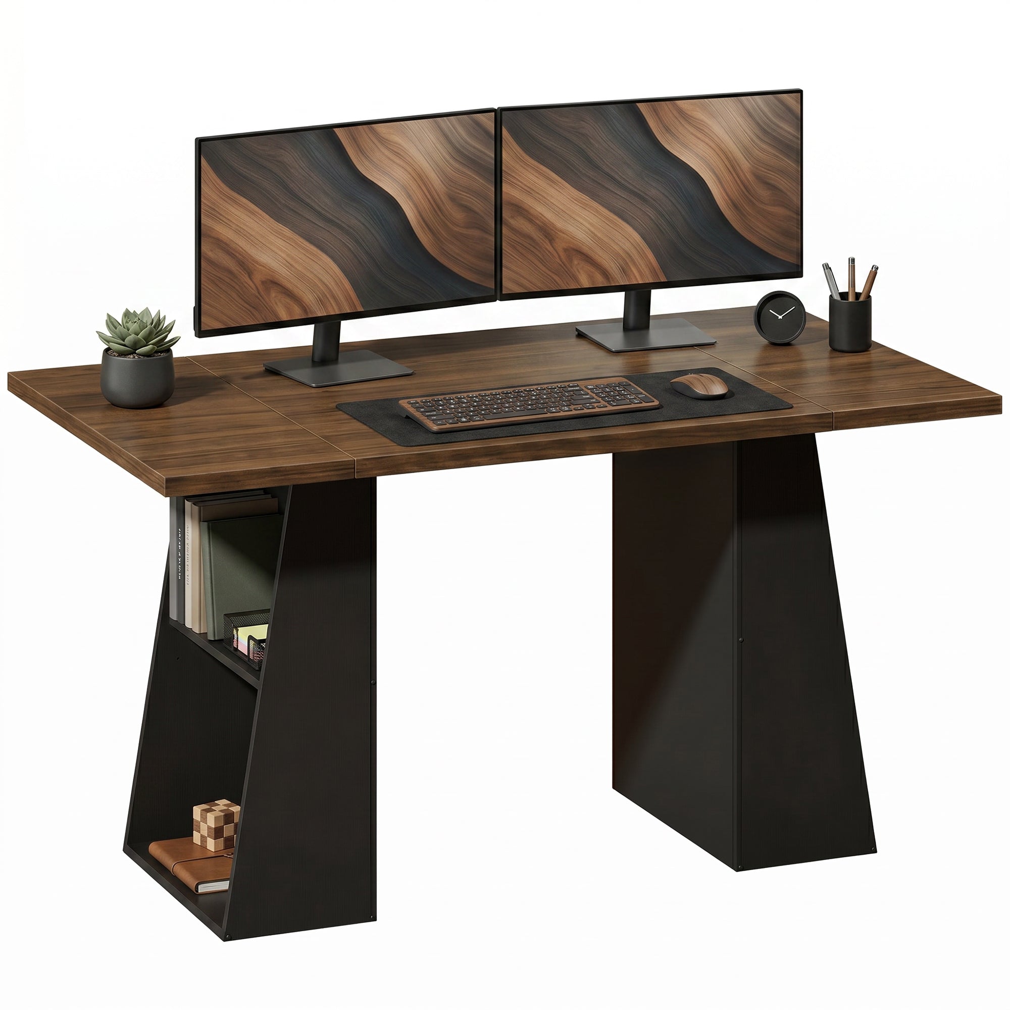 55.1 in (140 cm) Computer Desk with 4 Open Shelves & Trapezoid Metal Frame — Brown Woodgrain / Black