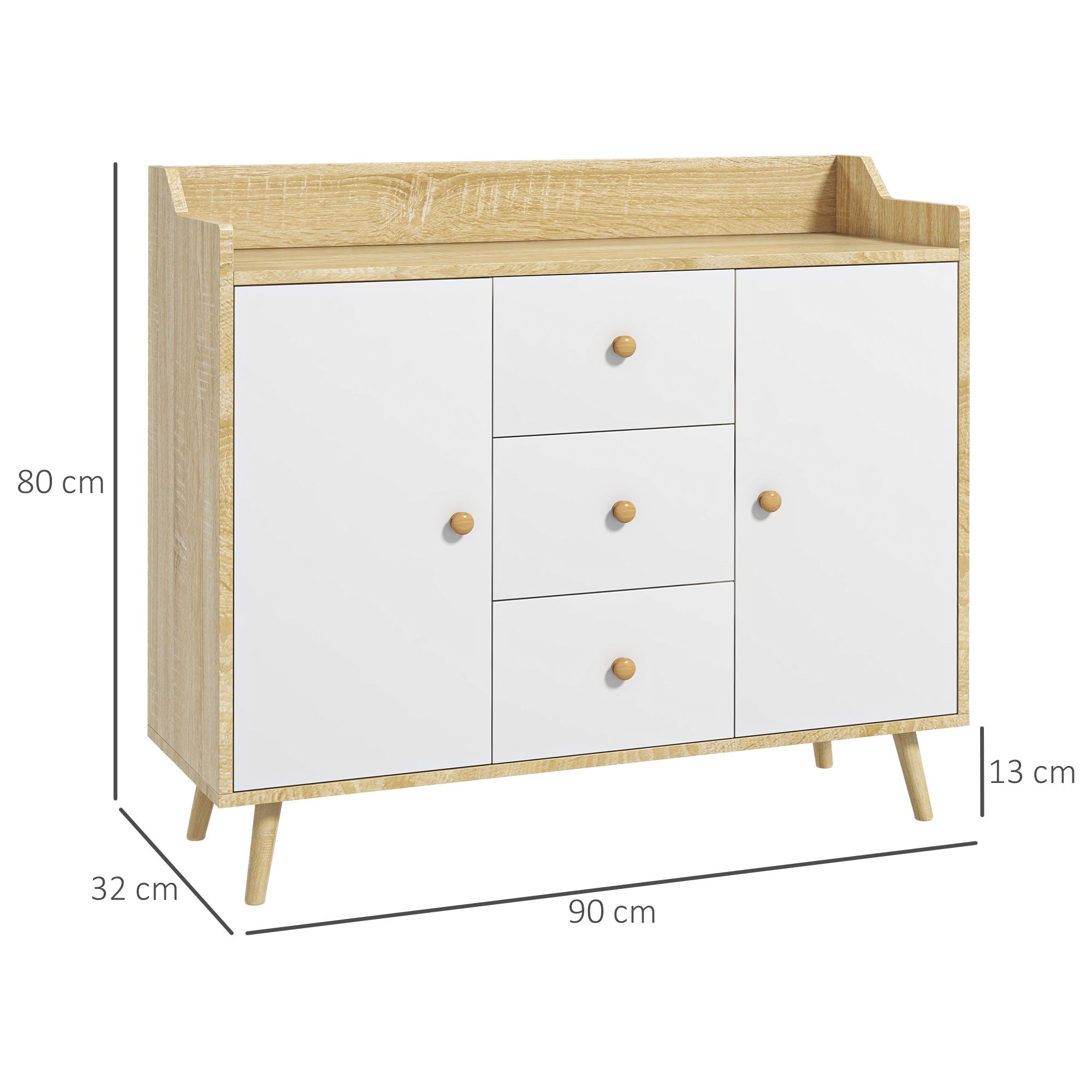 Wooden Living Room Sideboard with 3 Drawers and 2 Double-Level Cabinets, Modern and Multipurpose Living Room Furniture for Kitchen, Dining Room, and Living Room, 90x32x80 cm, White and Wood Color