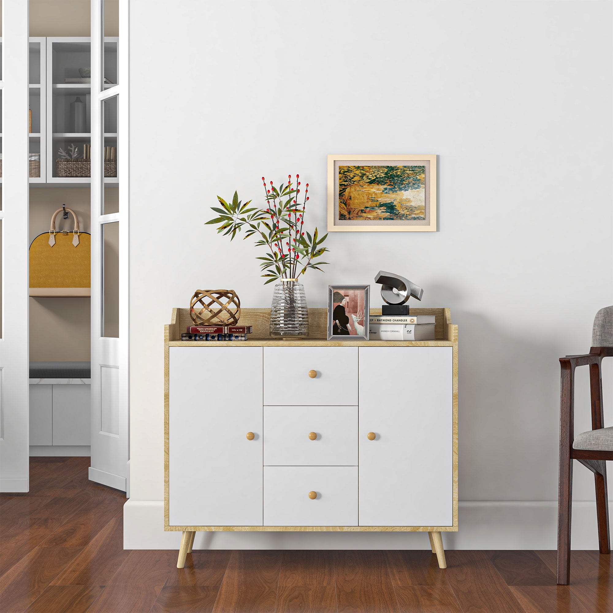 Wooden Living Room Sideboard with 3 Drawers and 2 Double-Level Cabinets, Modern and Multipurpose Living Room Furniture for Kitchen, Dining Room, and Living Room, 90x32x80 cm, White and Wood Color