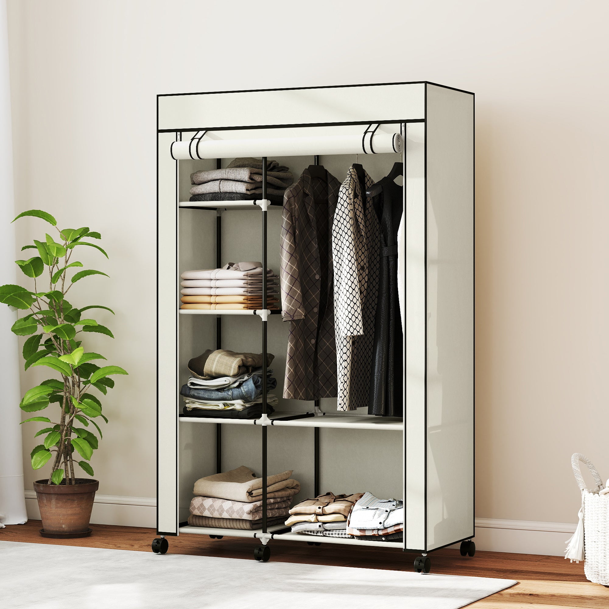 Fabric Wardrobe Organizer with Hanging Rail & Open Shelves, 40.6 x 16.9 x 64.0 in (103 x 43 x 162.5 cm) — Cream