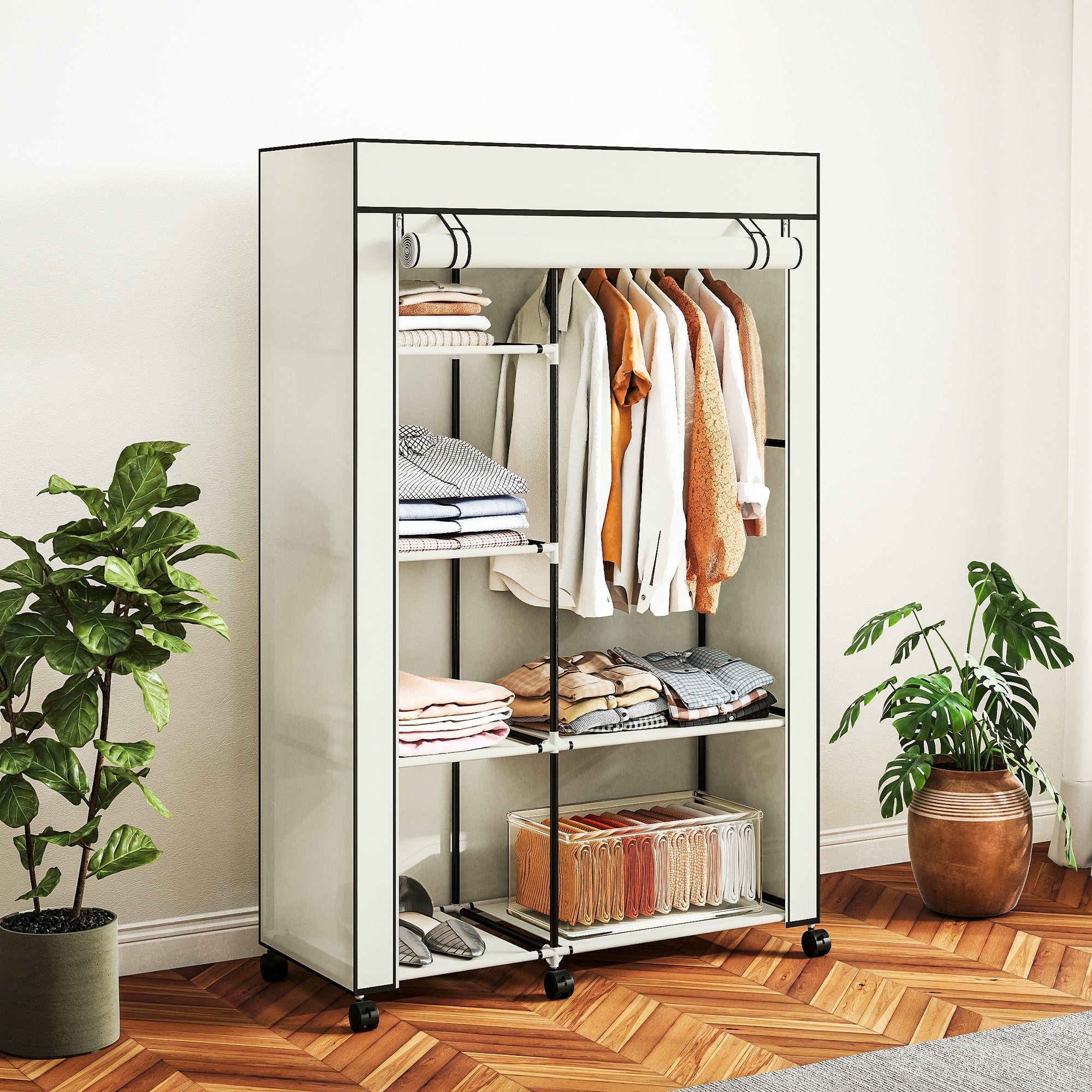 Fabric Wardrobe Organizer with Hanging Rail & Open Shelves, 40.6 x 16.9 x 64.0 in (103 x 43 x 162.5 cm) — Cream