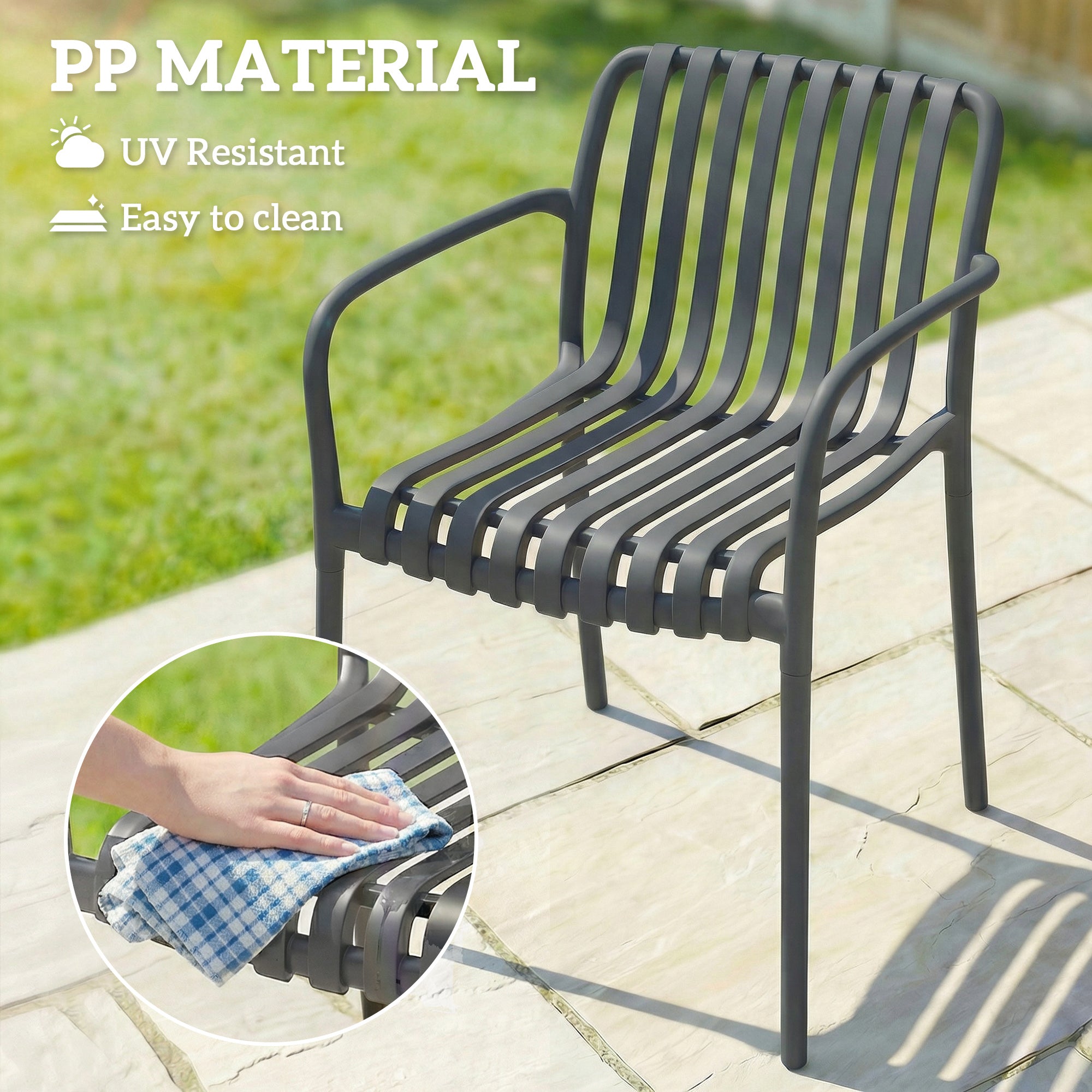 4-Piece Stackable Patio Chairs – Slatted Design with Armrests, Ergonomic Outdoor Dining Chairs for Garden & Balcony, 265 lb Capacity, Dark Gray