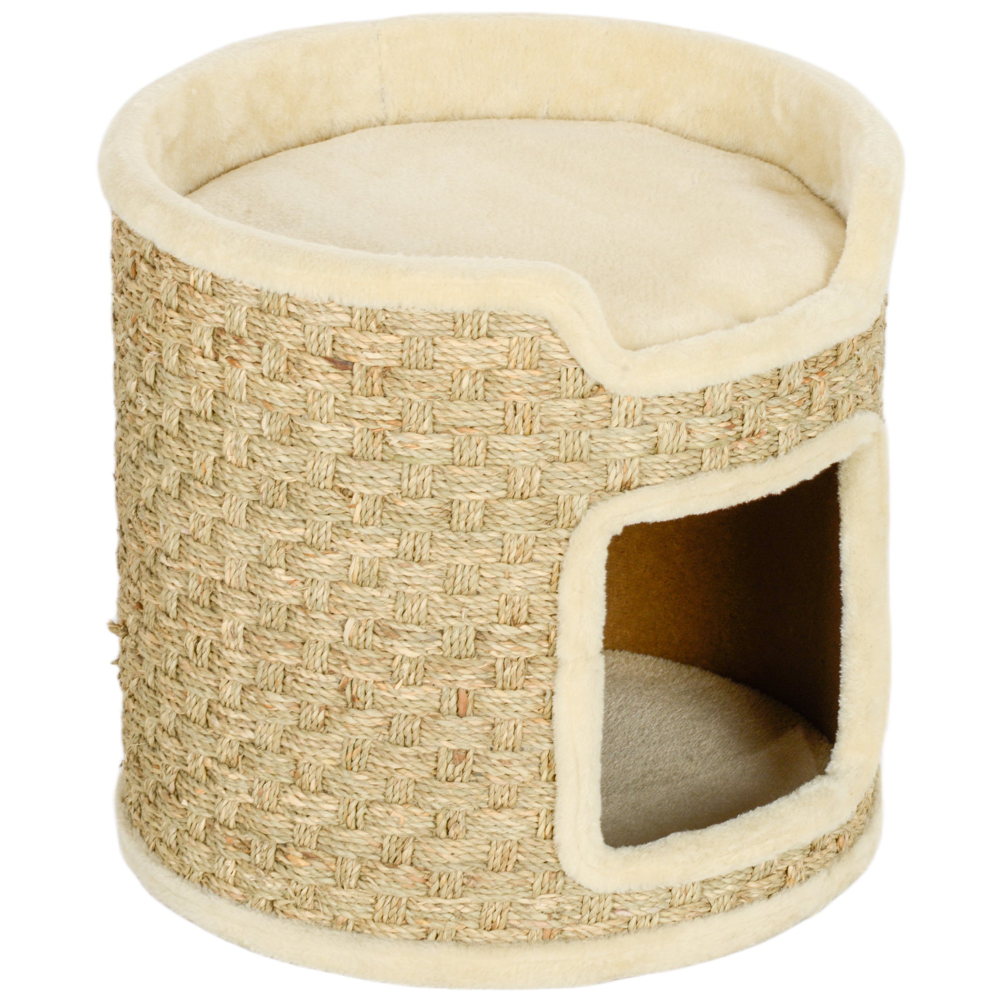 Scratching Post, 37 cm High Cat Barrel, Cat Cave with Door, Cat House, Scratching Post with 2 Levels, Cat Tower, Cat Bed made of Sisal, for Cat up to 5 kg, Khaki