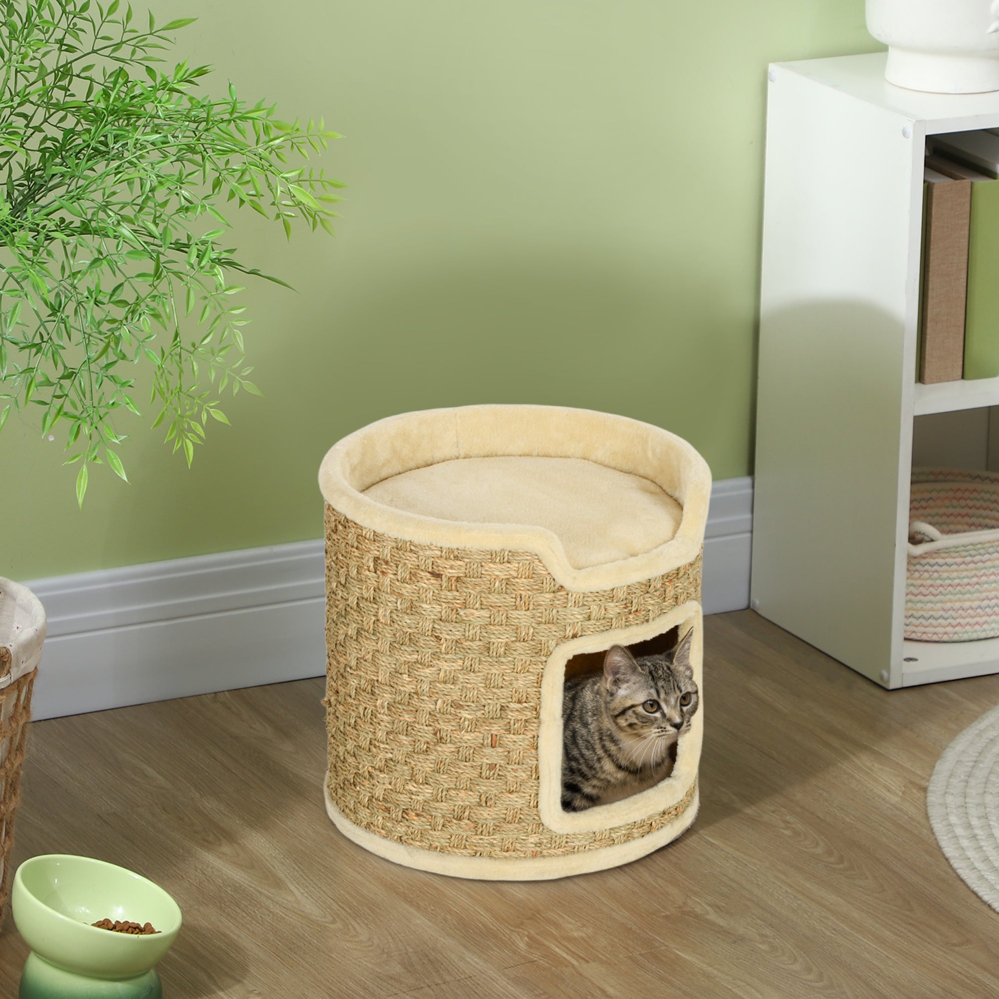 Scratching Post, 37 cm High Cat Barrel, Cat Cave with Door, Cat House, Scratching Post with 2 Levels, Cat Tower, Cat Bed made of Sisal, for Cat up to 5 kg, Khaki