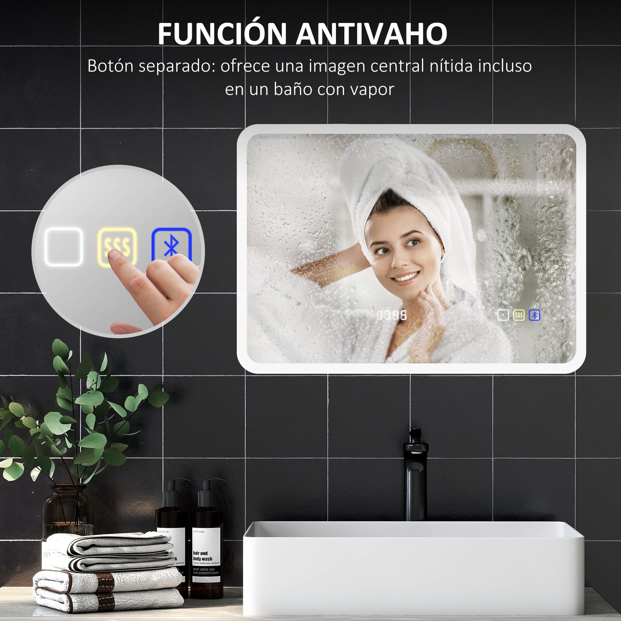 Bathroom Mirror with LED Light Bluetooth 70x50 cm Wall Mirror with 3 Light Colors Digital Clock Anti-Fog Function Memory Function Touch Switch IP44