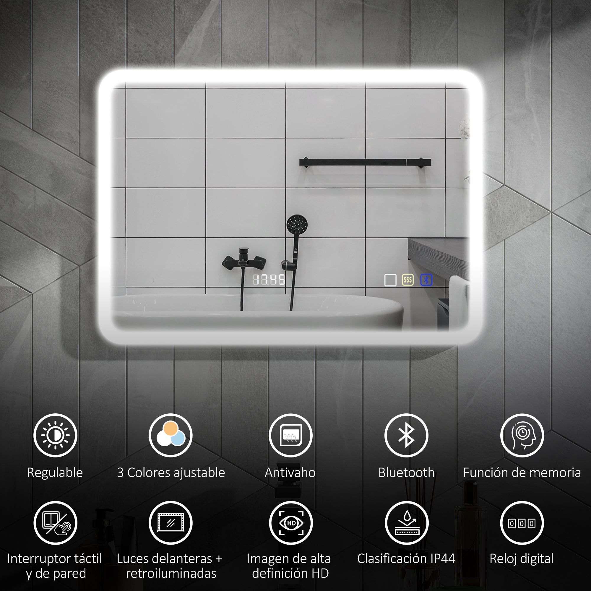 Bathroom Mirror with LED Light Bluetooth 70x50 cm Wall Mirror with 3 Light Colors Digital Clock Anti-Fog Function Memory Function Touch Switch IP44