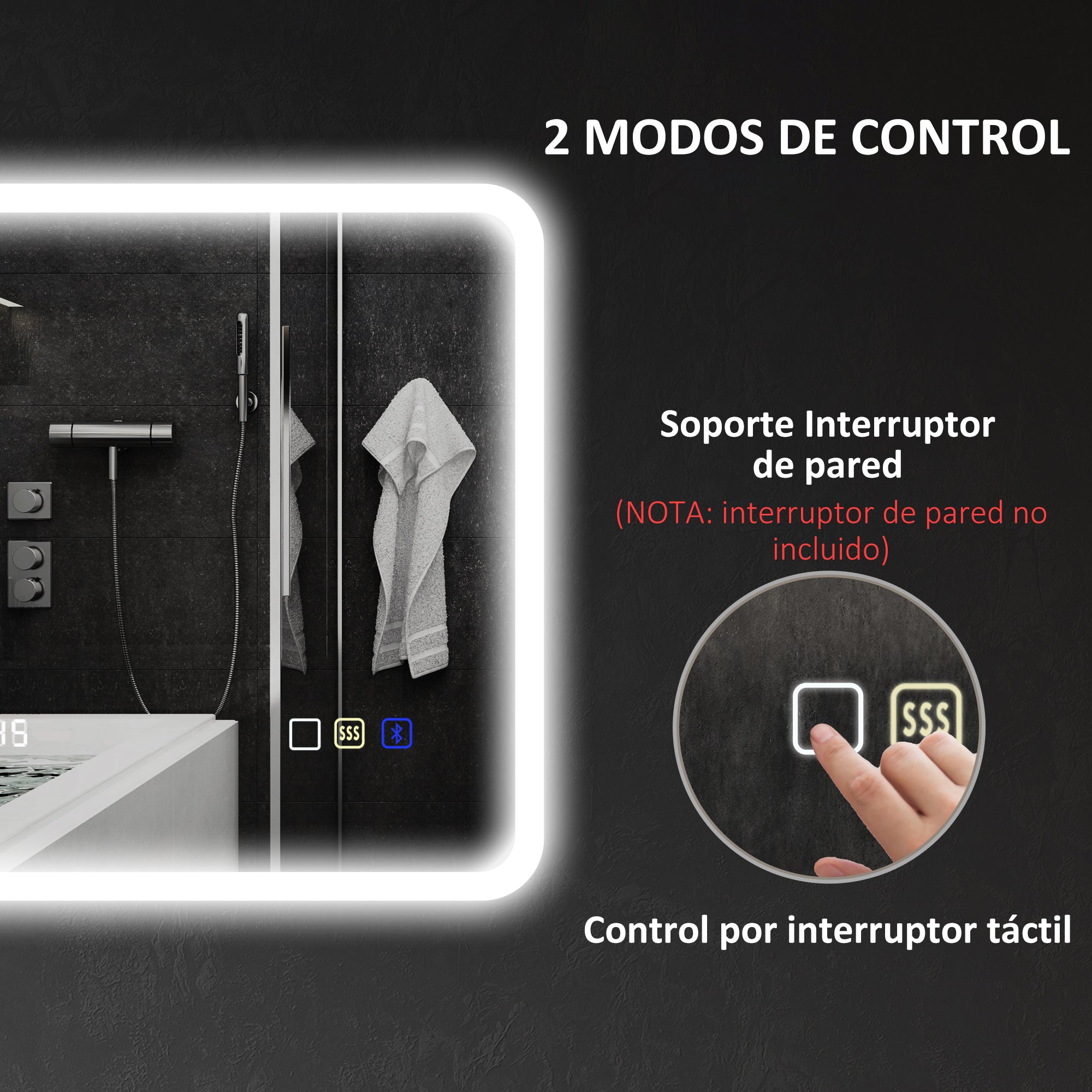 Bathroom Mirror with LED Light Bluetooth 70x50 cm Wall Mirror with 3 Light Colors Digital Clock Anti-Fog Function Memory Function Touch Switch IP44