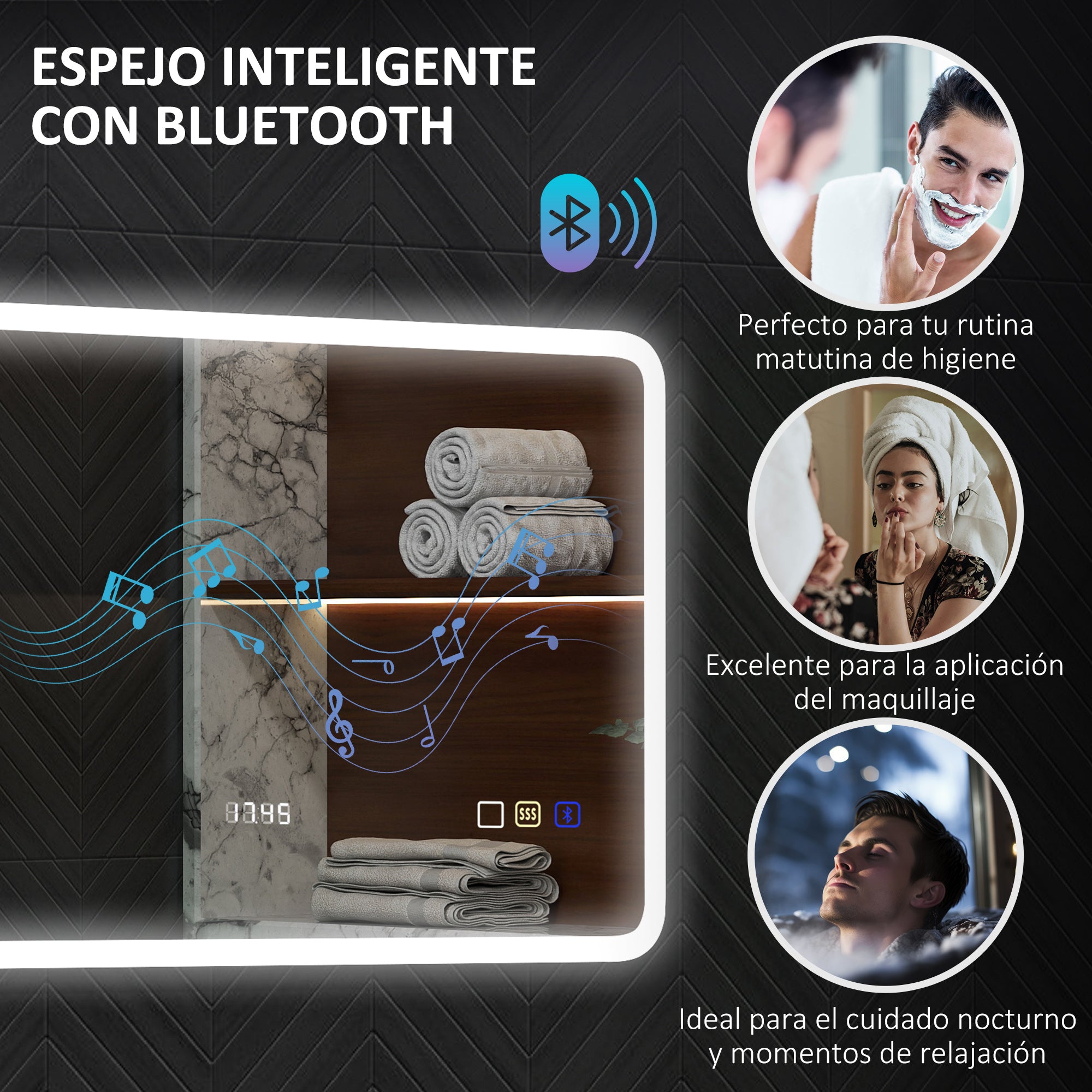 Bathroom Mirror with LED Light Bluetooth 70x50 cm Wall Mirror with 3 Light Colors Digital Clock Anti-Fog Function Memory Function Touch Switch IP44