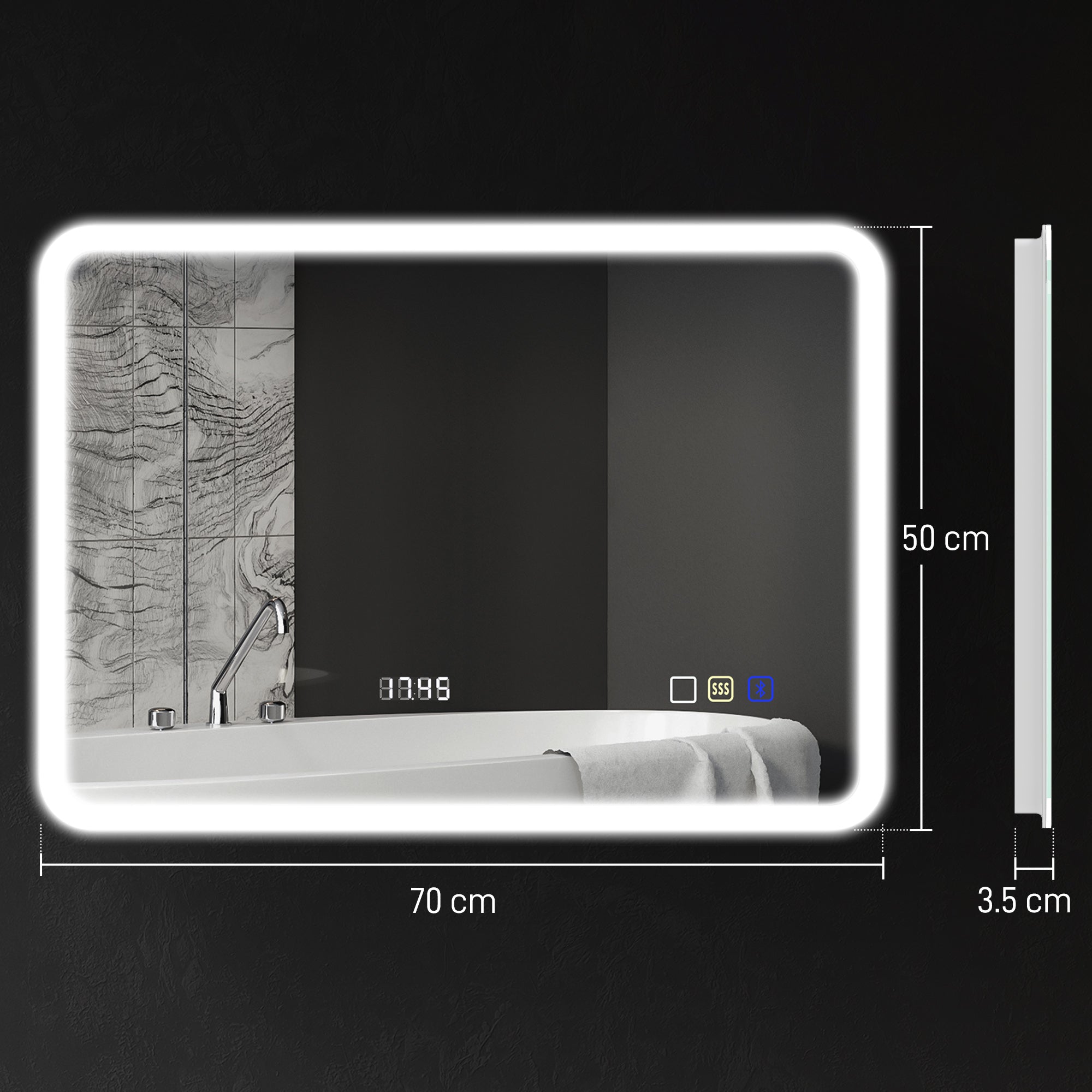 Bathroom Mirror with LED Light Bluetooth 70x50 cm Wall Mirror with 3 Light Colors Digital Clock Anti-Fog Function Memory Function Touch Switch IP44