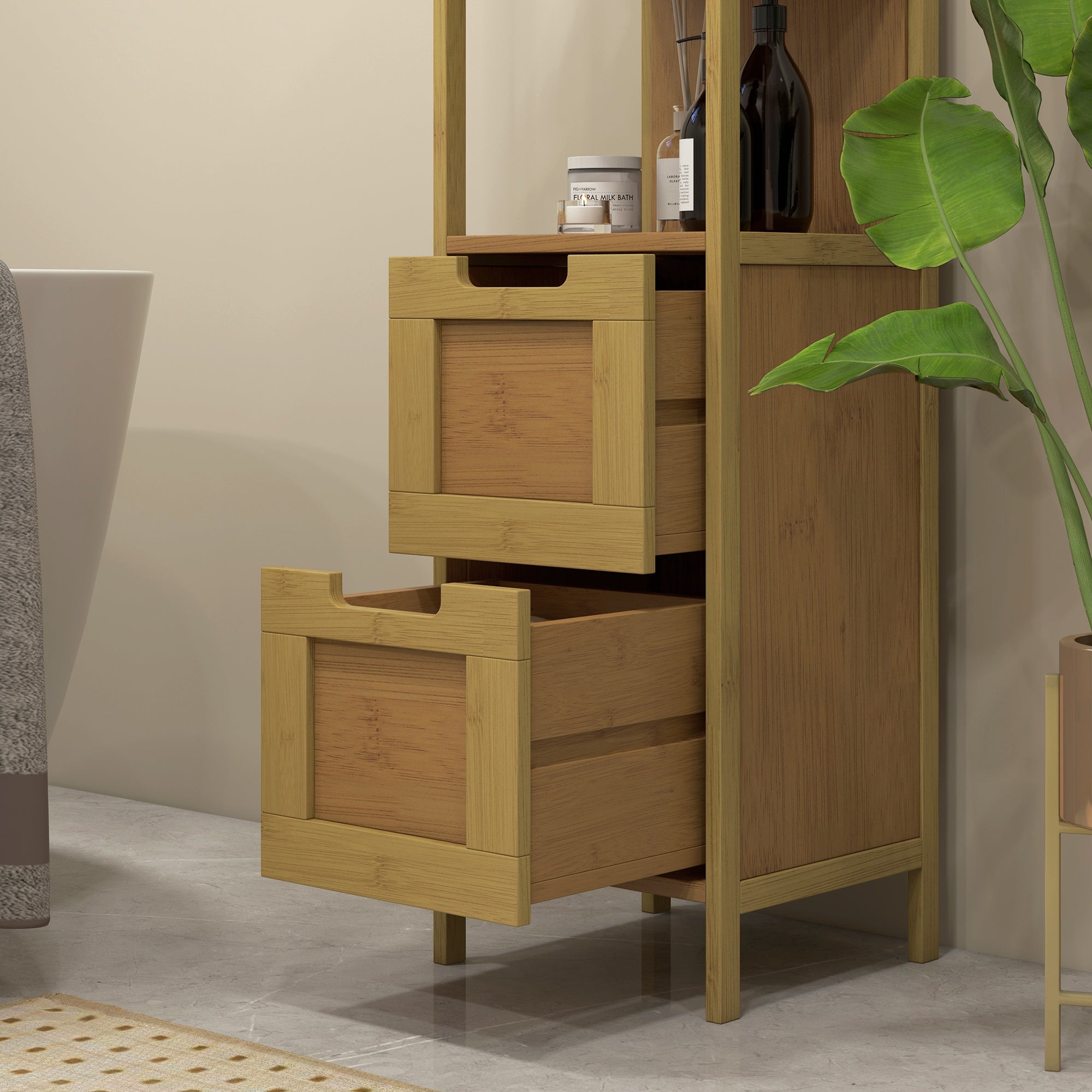 Cozy Style Bathroom Column Storage Cabinet 30L x 30W x 144H cm with 3 Shelves 2 Drawers Natural Bamboo