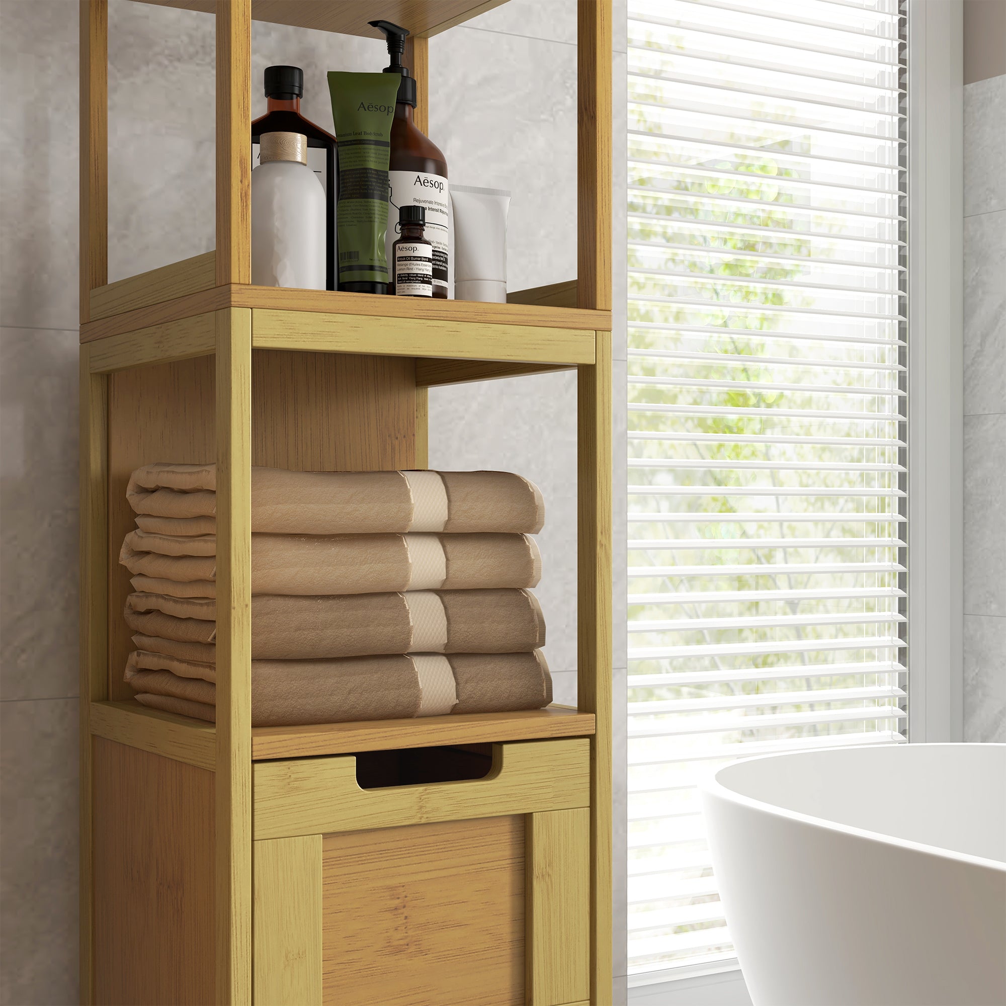 Cozy Style Bathroom Column Storage Cabinet 30L x 30W x 144H cm with 3 Shelves 2 Drawers Natural Bamboo