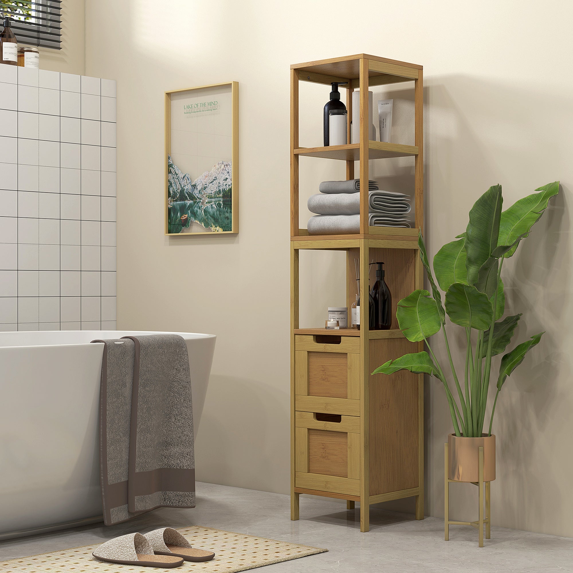 Cozy Style Bathroom Column Storage Cabinet 30L x 30W x 144H cm with 3 Shelves 2 Drawers Natural Bamboo