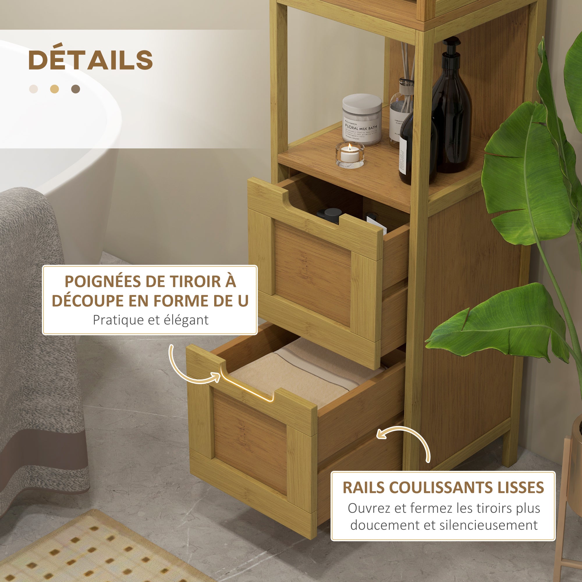 Cozy Style Bathroom Column Storage Cabinet 30L x 30W x 144H cm with 3 Shelves 2 Drawers Natural Bamboo
