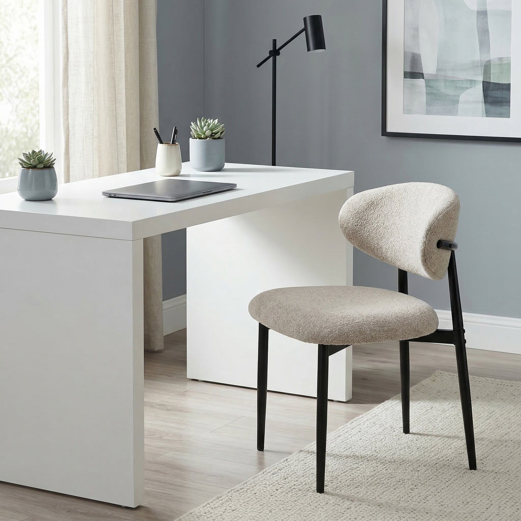 Modern 2-Pack Padded Dining Chairs, Linen-Look Upholstery, Curved Back, Wide Seat, Steel Legs, Beige