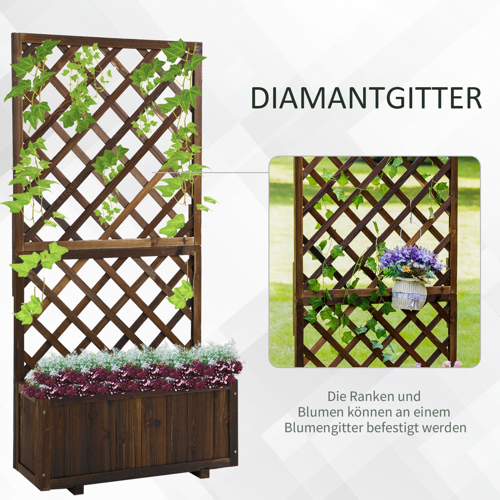 Raised Garden Bed Planter Box with Trellis, Flower Box Wood, 72.5x31.5x149.5cm for Garden Balcony Terrace, Plant Pot for Climbing Plants, Flowers, Brown