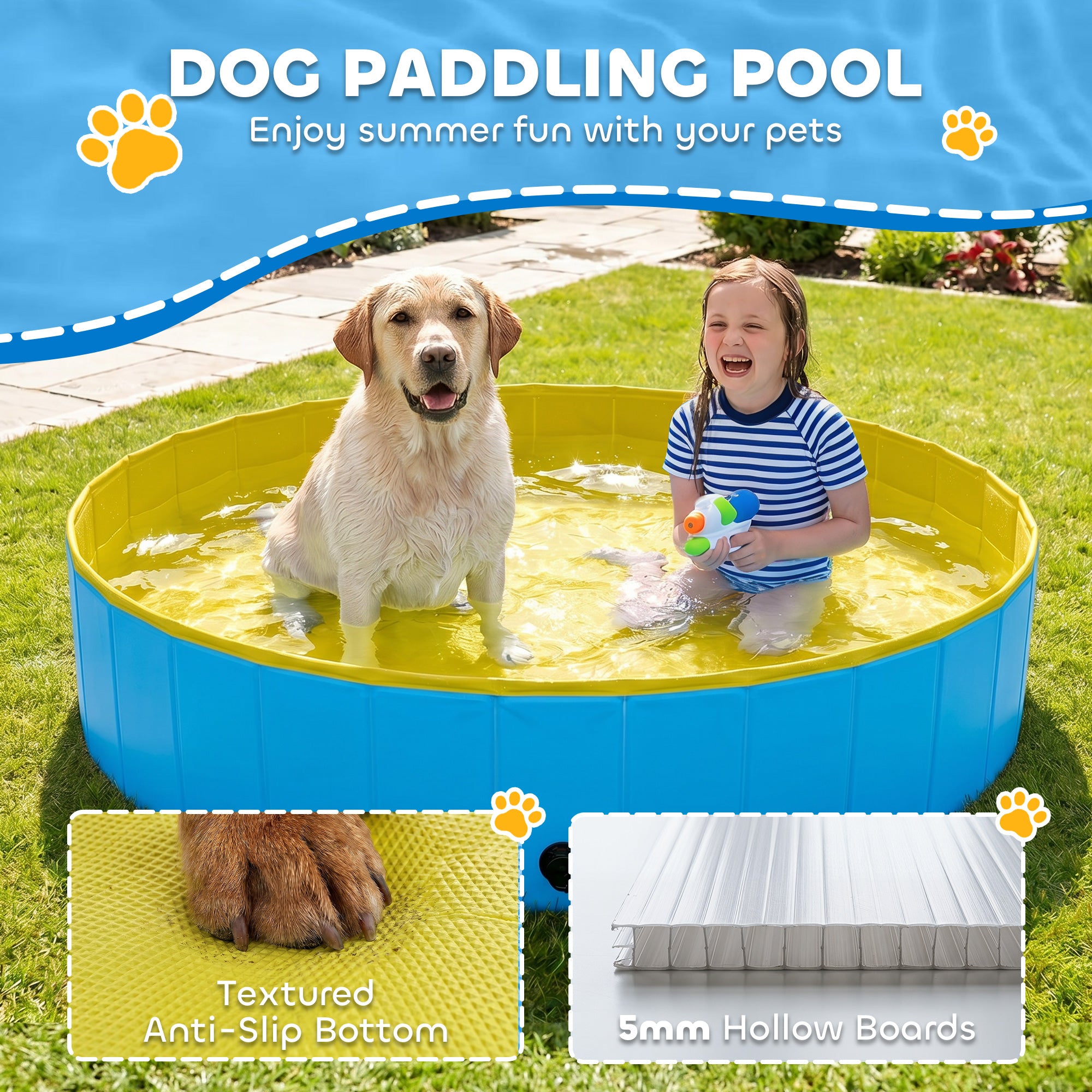 Folding Dog Pool for Large & Extra-Large Dogs, 160 x 30 cm (63" x 11.8"), Non-Slip, Durable Plastic, Blue — Indoor & Outdoor
