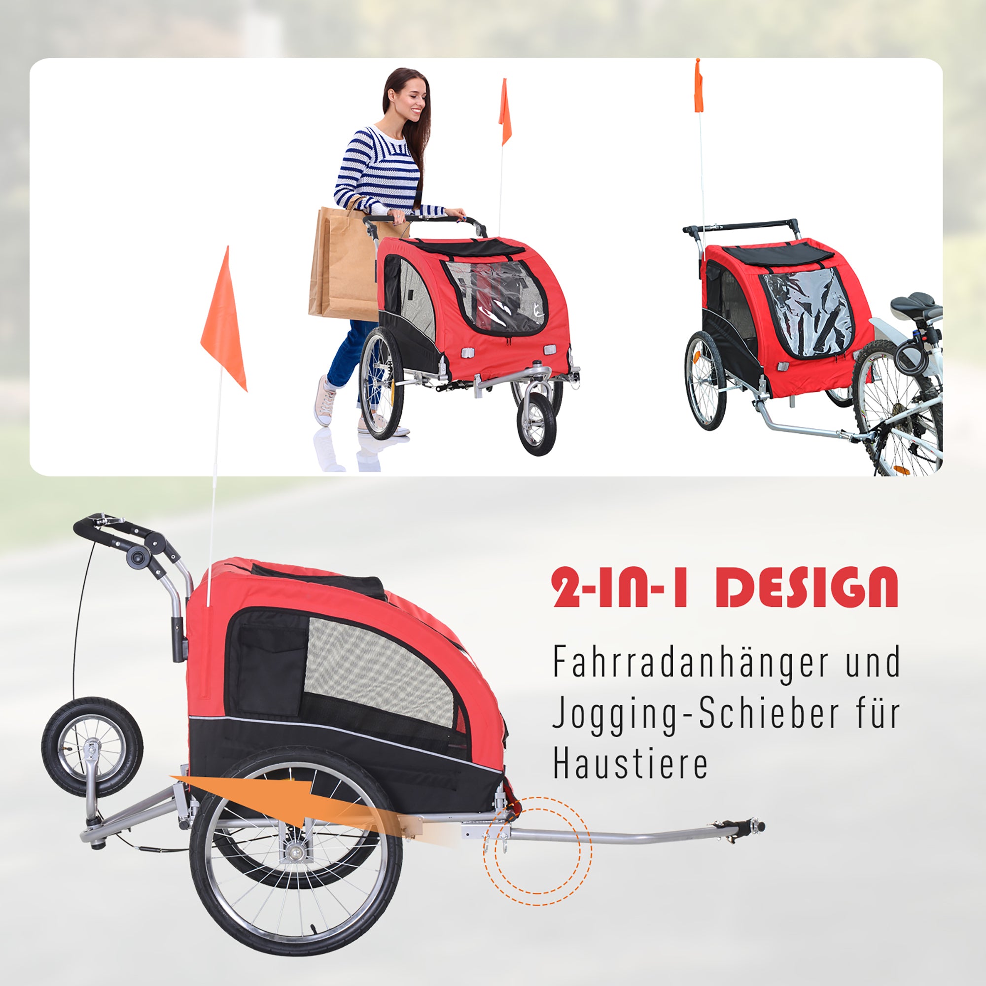 2-in-1 Dog Trailer, Bicycle Trailer for Dogs, Foldable Dog Wagon with Reflectors, Flag, Dog Bike Trailer Dog Buggy for Dogs up to 20 kg, Oxford Fabric Red+Black