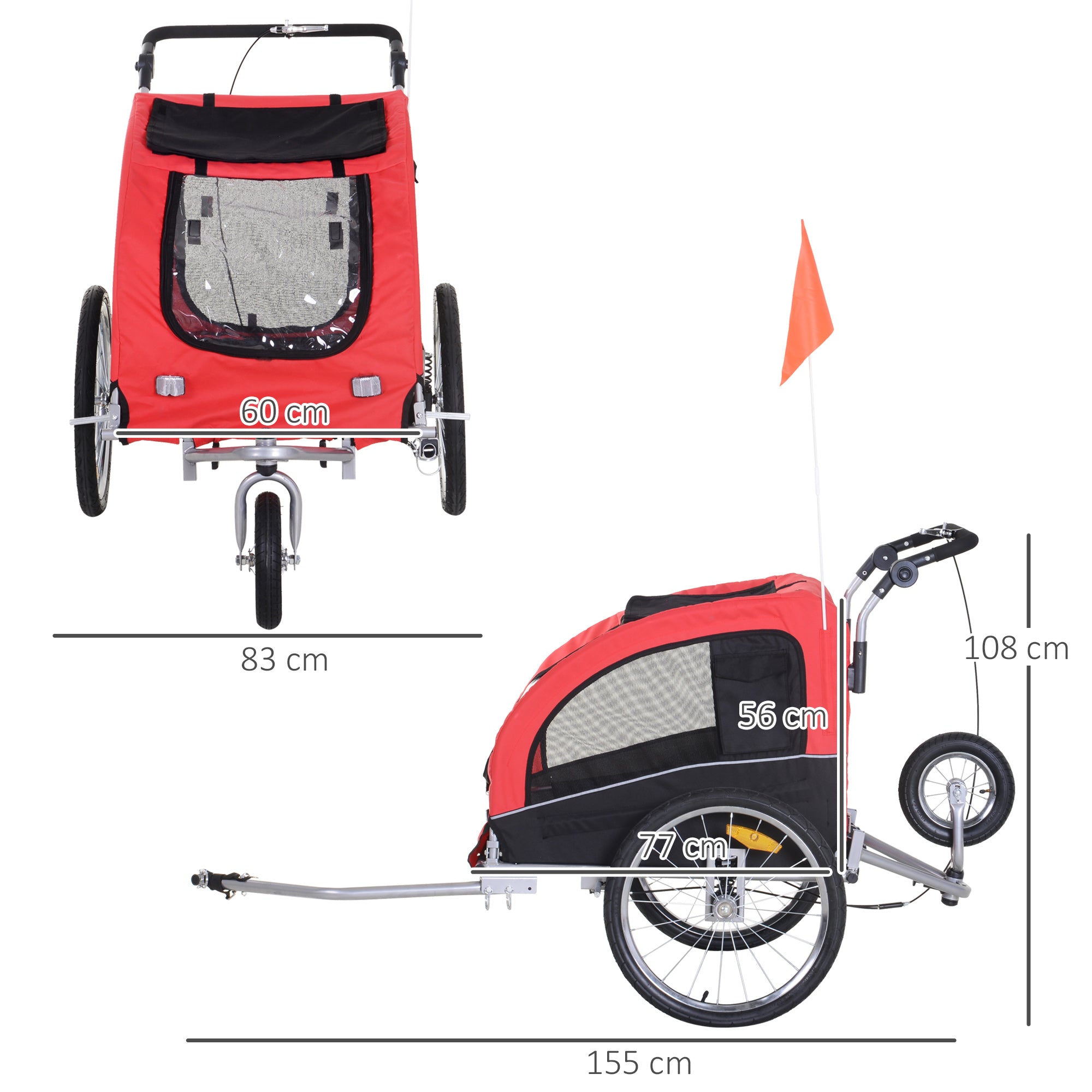 2-in-1 Dog Trailer, Bicycle Trailer for Dogs, Foldable Dog Wagon with Reflectors, Flag, Dog Bike Trailer Dog Buggy for Dogs up to 20 kg, Oxford Fabric Red+Black