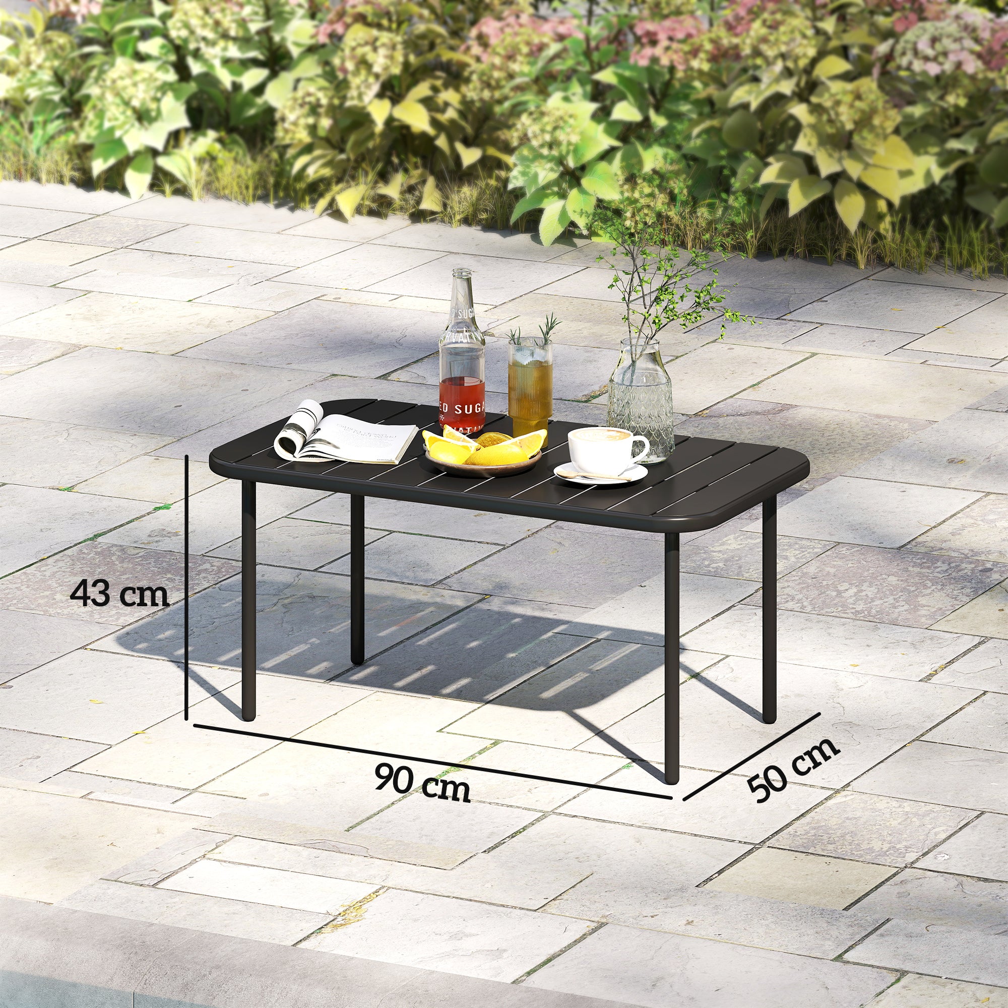 Rectangular Steel Side Table — Weatherproof Outdoor Coffee/Side Table for Balcony, Garden, Patio & Living Room, 90 x 50 x 43 cm (35.4 x 19.7 x 16.9 in), Black