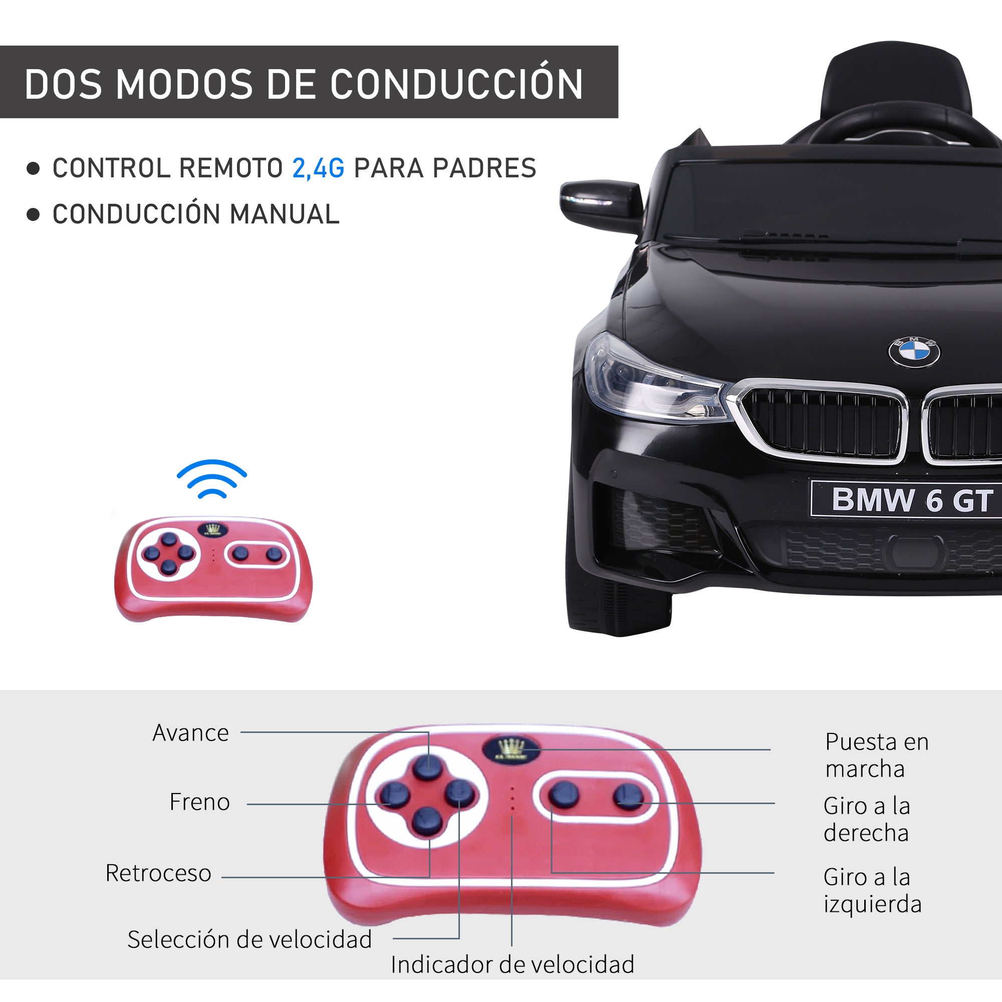 Electric Car BMW 6GT for Kids +3 Years Children's 6V Battery Vehicle with Remote Control Lights and Sounds MP3 USB Load 30 kg 106x64x51 cm Black